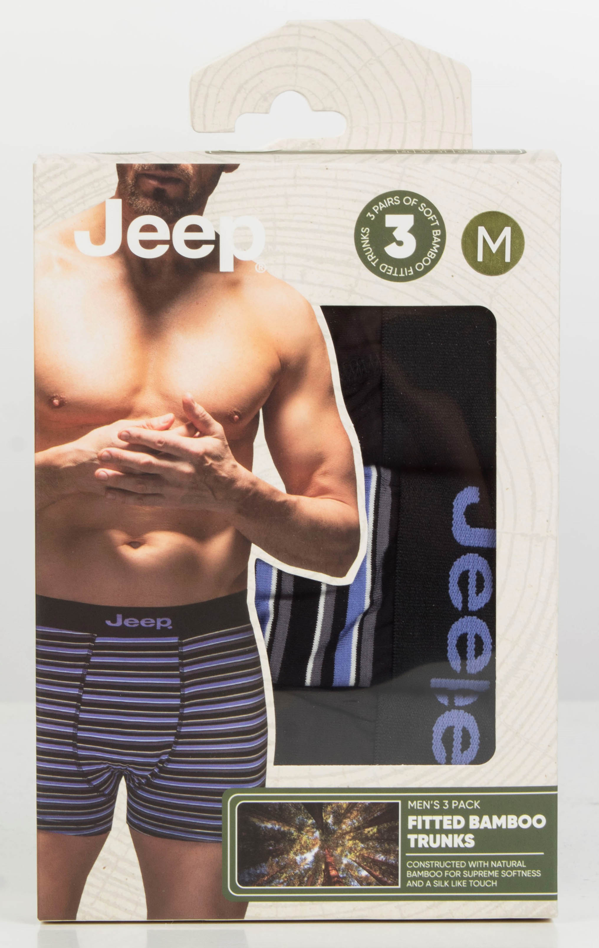 Jeep 3 Pack Mens Soft Natural Bamboo Comfortable Fitted Trunks - Black Stripes