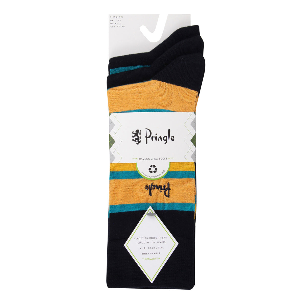 Pringle 3 Pair Bamboo Jacquard Socks - Navy with Teal/Orange Tripes