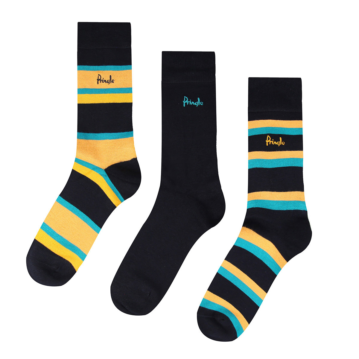 Pringle 3 Pair Bamboo Jacquard Socks - Navy with Teal/Orange Tripes