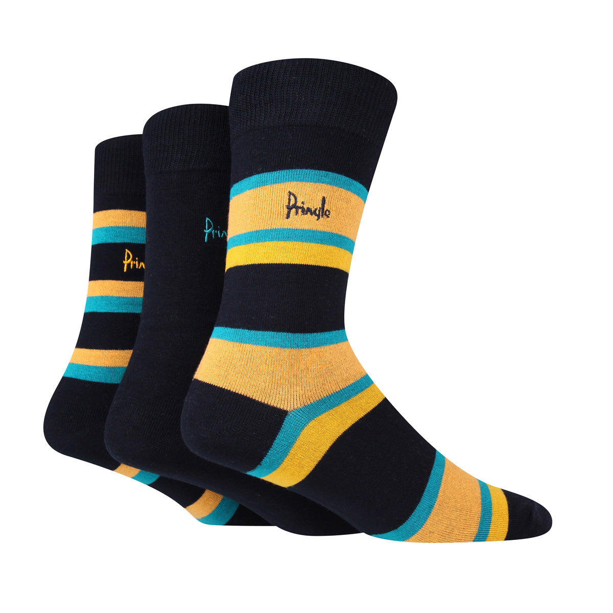 Pringle 3 Pair Bamboo Jacquard Socks - Navy with Teal/Orange Tripes