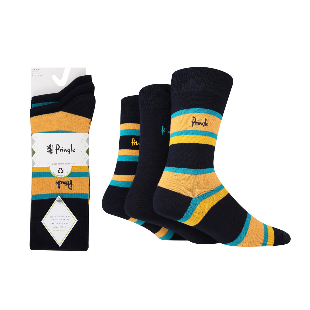 Pringle 3 Pair Bamboo Jacquard Socks - Navy with Teal/Orange Tripes