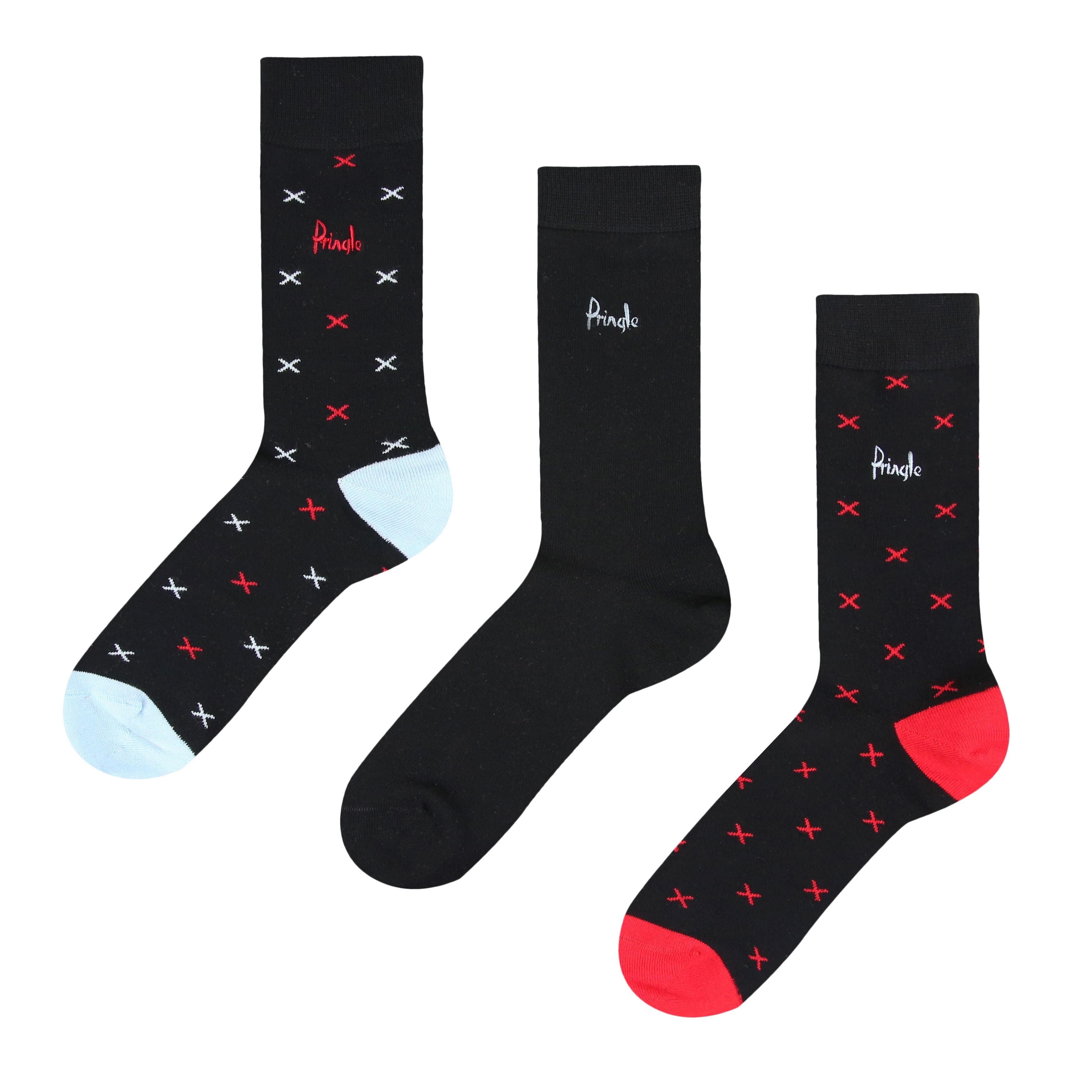 Pringle 3 Pair Bamboo Jacquard Socks - Black With Red/Blue X