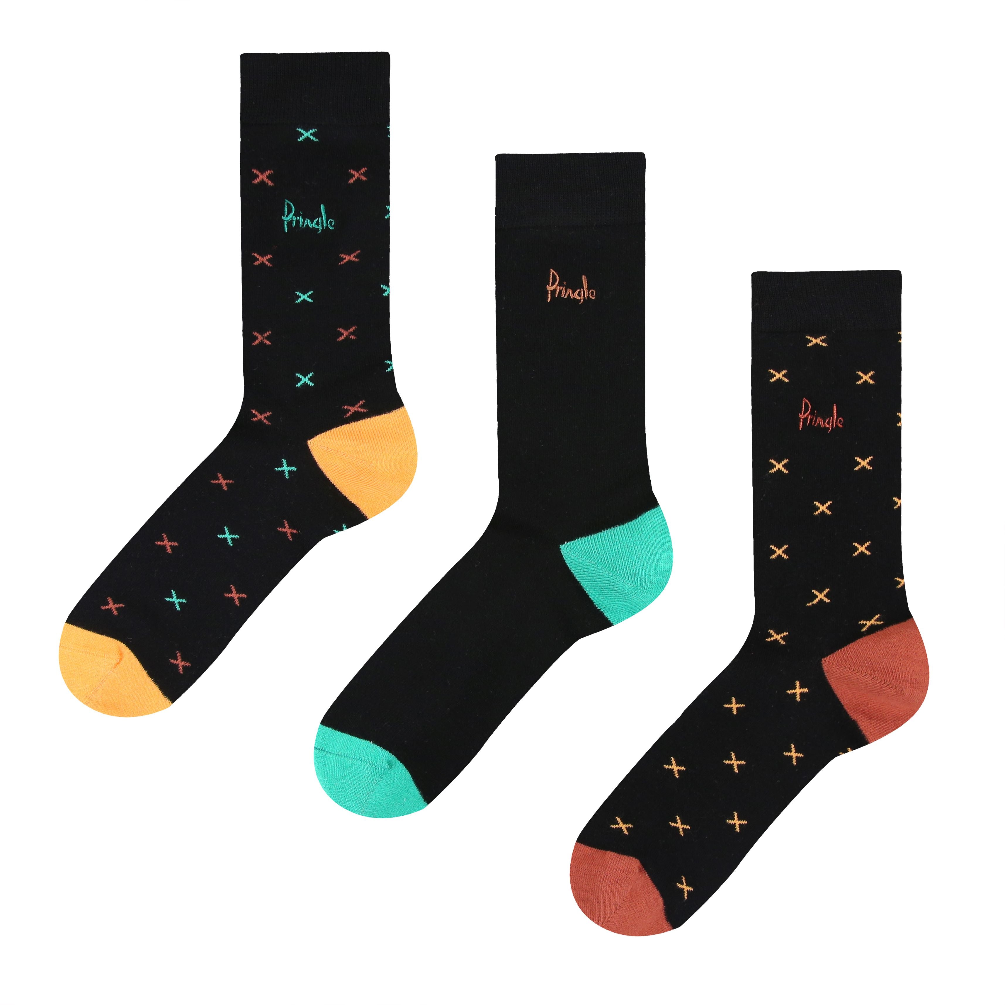 Pringle 3 Pair Bamboo Jacquard Socks - Black With Green/Brown/Orange X