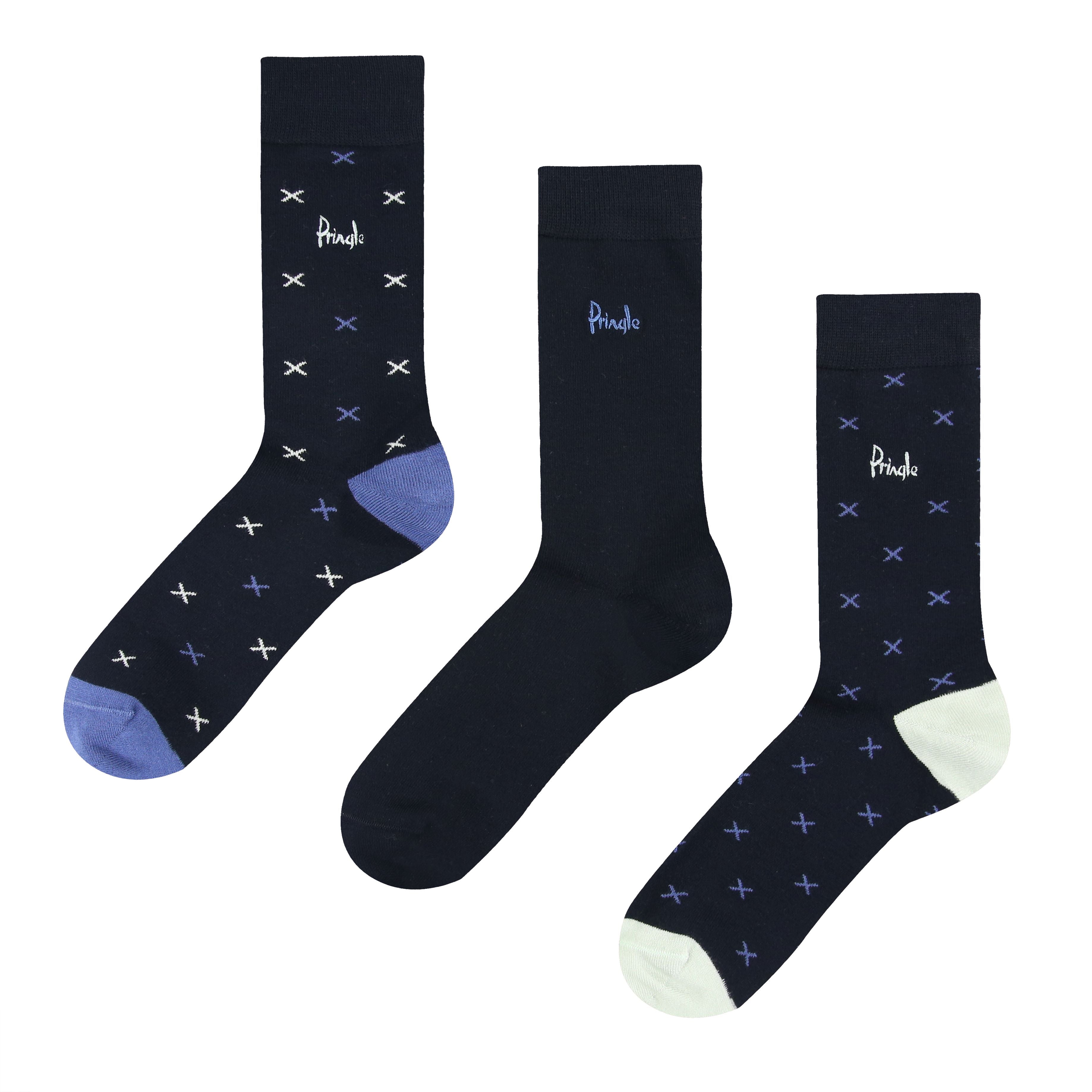 Pringle 3 Pair Bamboo Jacquard Socks - Navy with Blue X