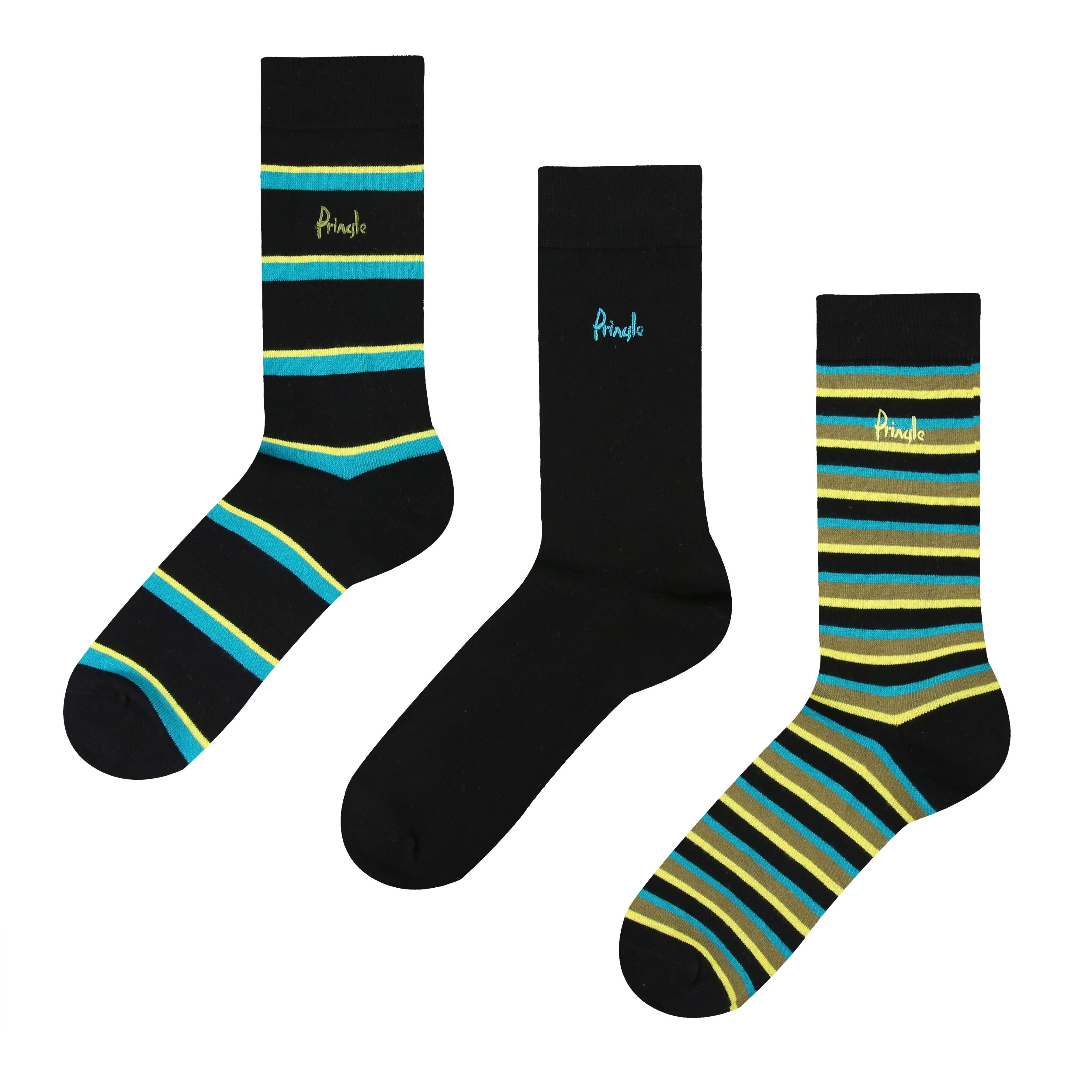 Pringle 3 Pair Bamboo Jacquard Socks - Black With Teal / Yellow Stripes