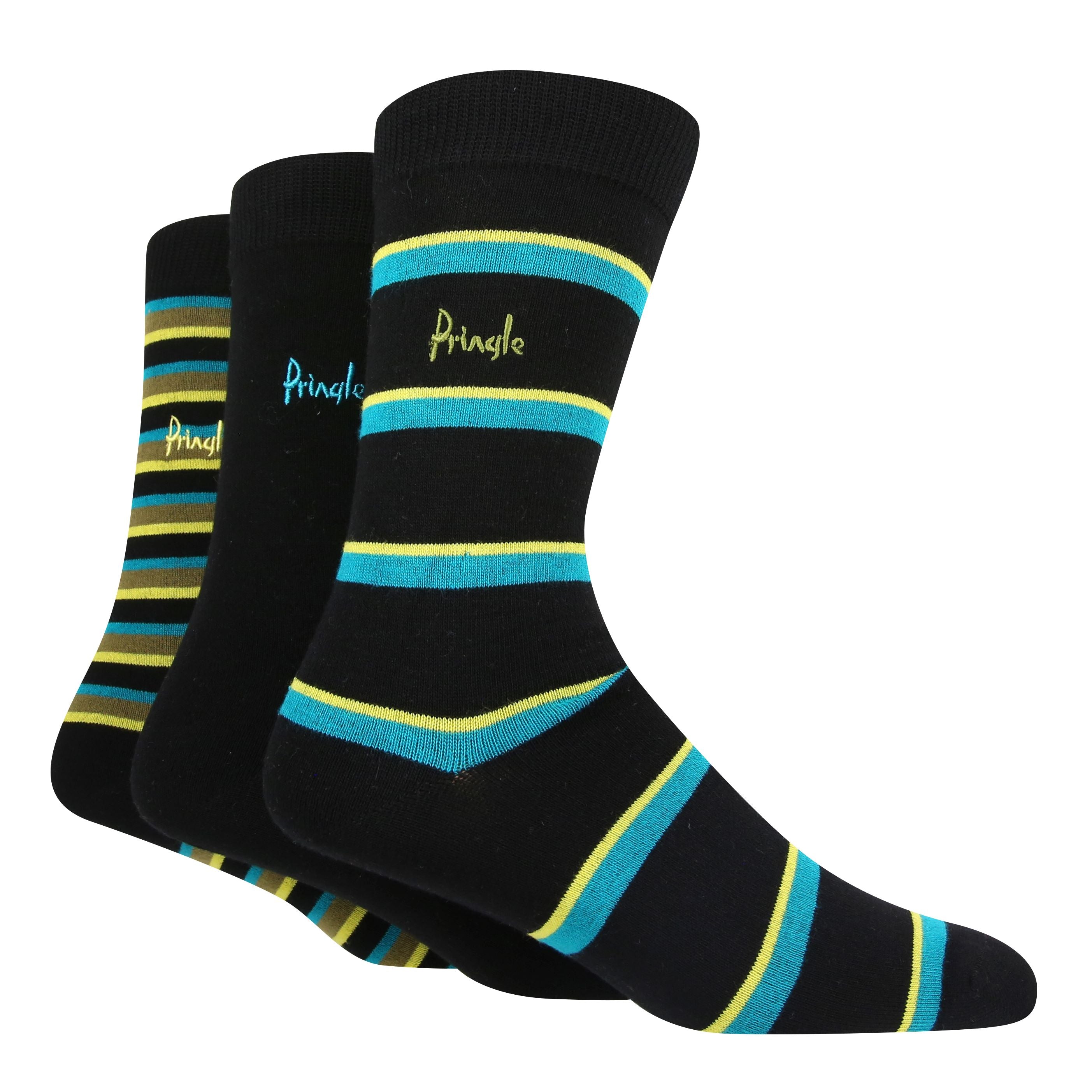 Pringle 3 Pair Bamboo Jacquard Socks - Black With Teal / Yellow Stripes