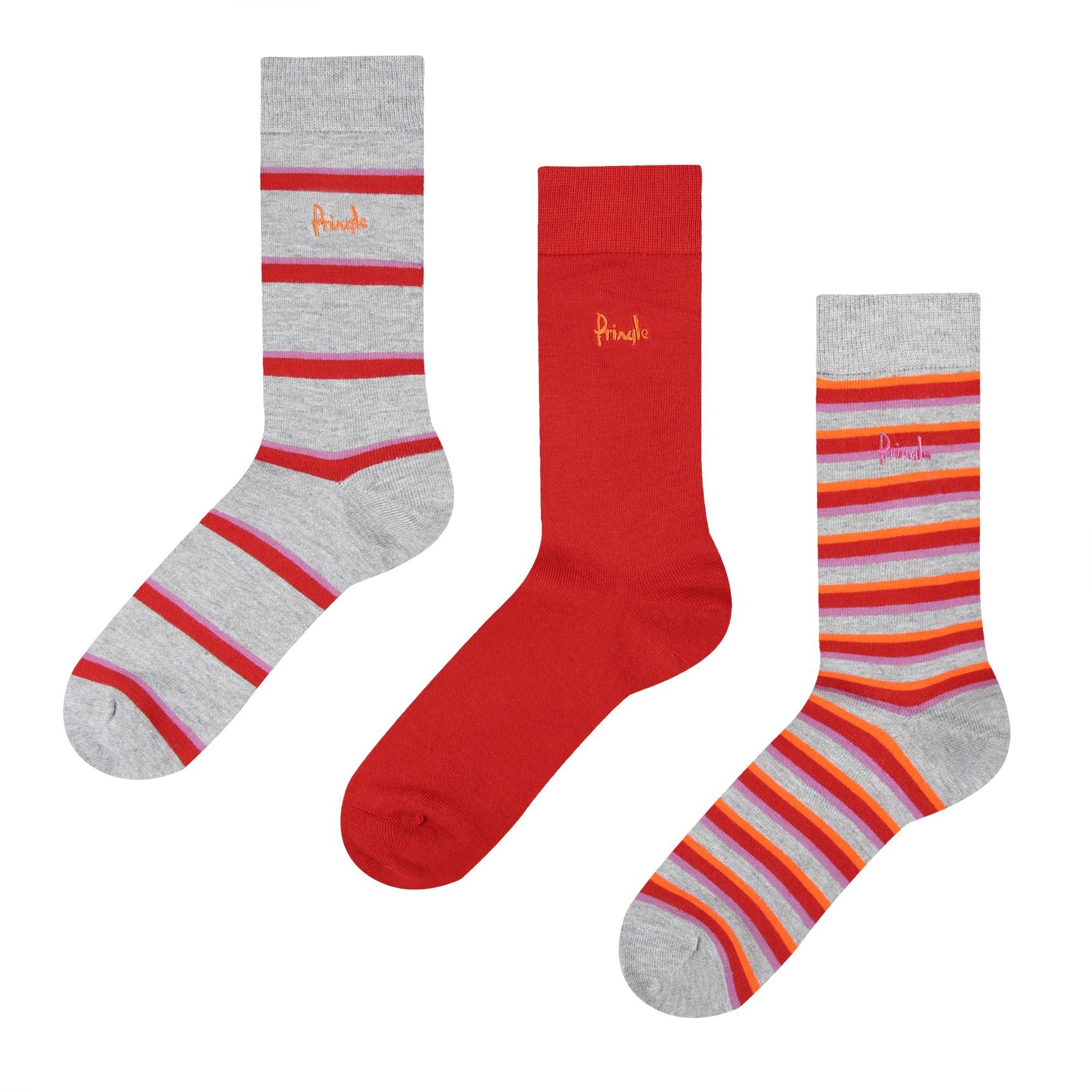 Pringle 3 Pair Bamboo Jacquard Socks - LT Grey With Purple / Red Stripes