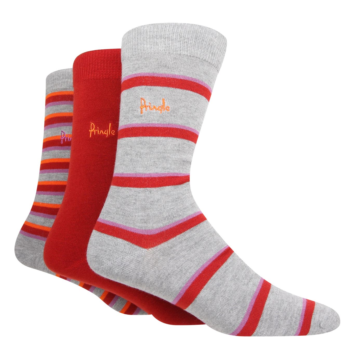 Pringle 3 Pair Bamboo Jacquard Socks - LT Grey With Purple / Red Stripes