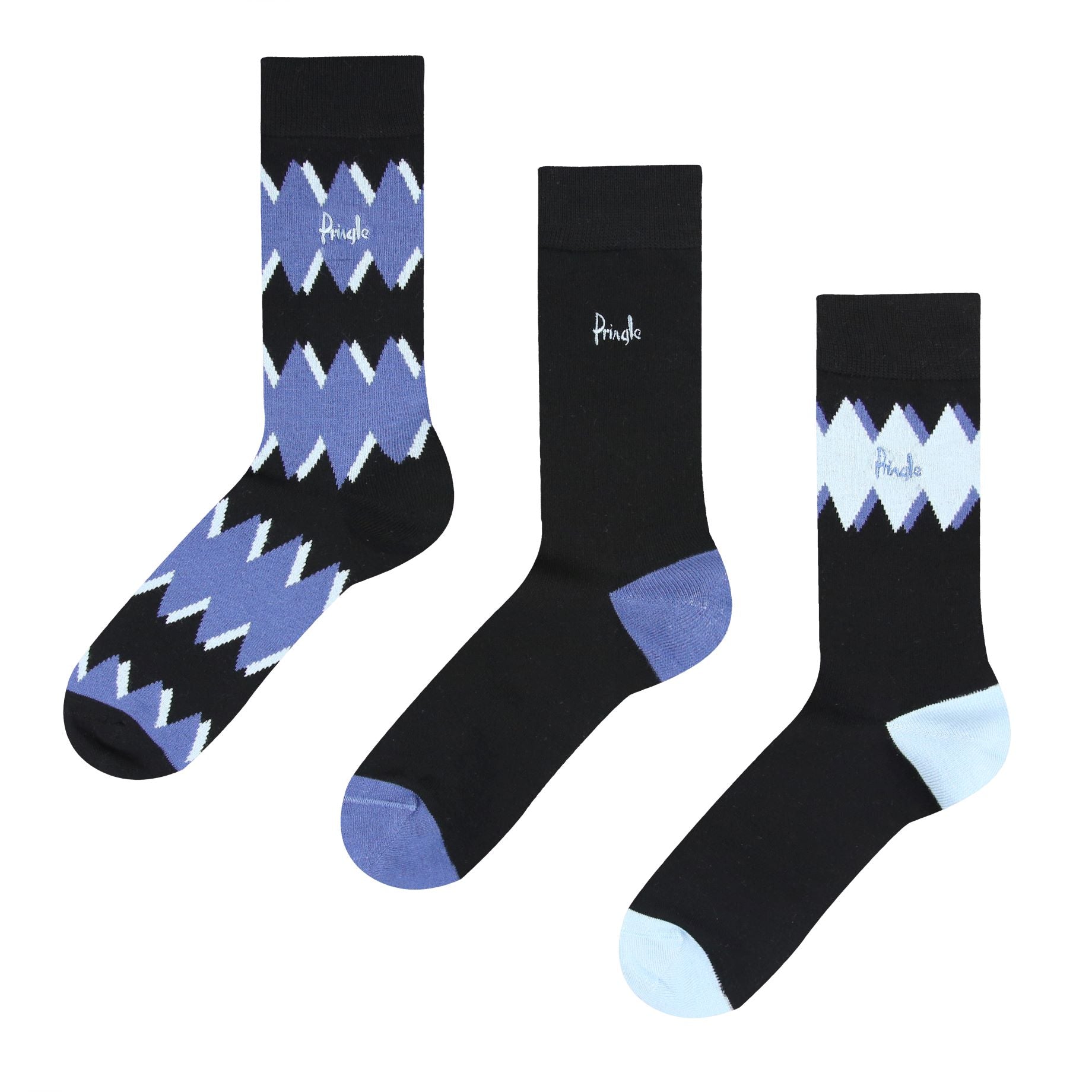 Pringle 3 Pair Bamboo Jacquard Socks -Black With Blue Zig Zag Stripes