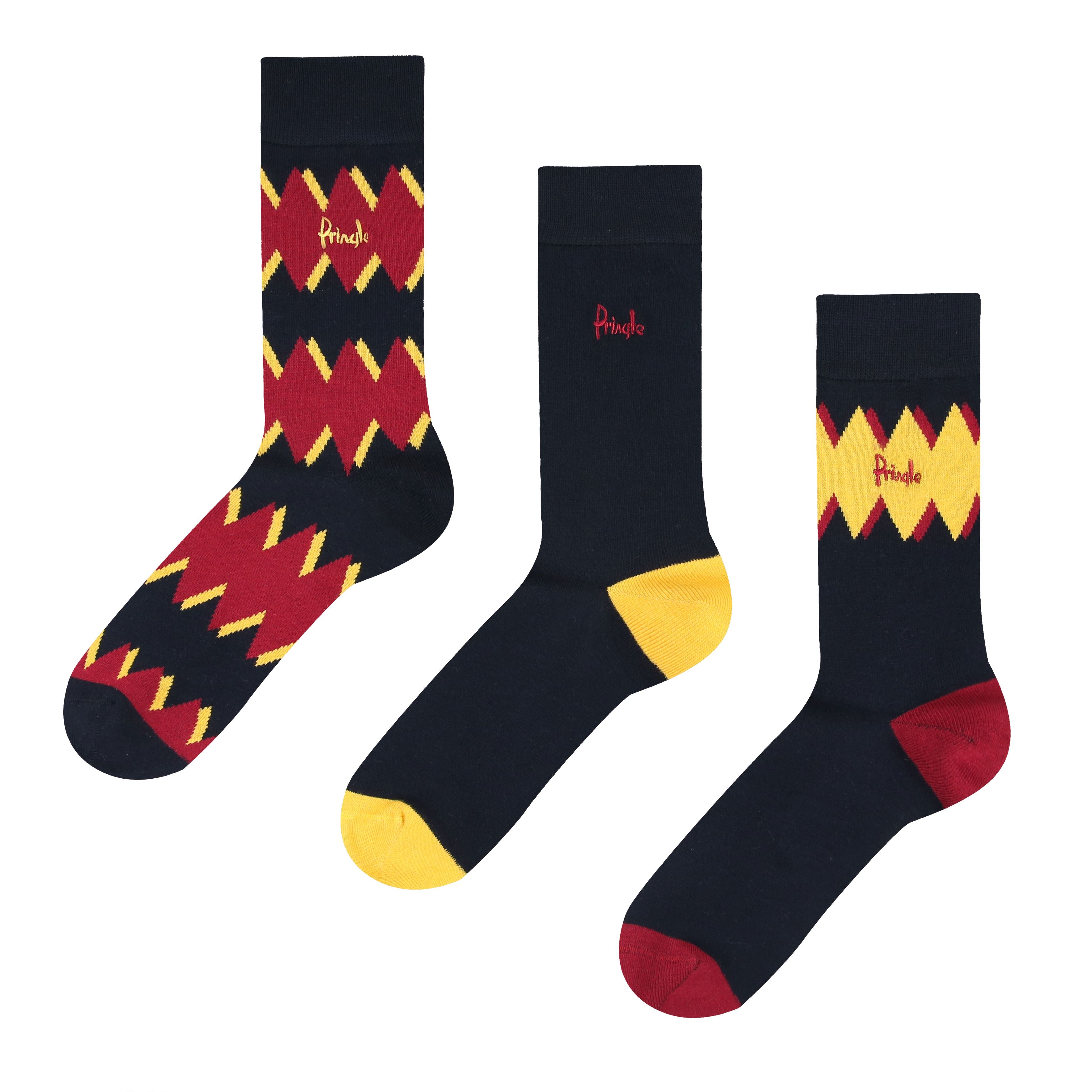 Pringle 3 Pair Bamboo Jacquard Socks - Navy With Red Zig Zag Stripes