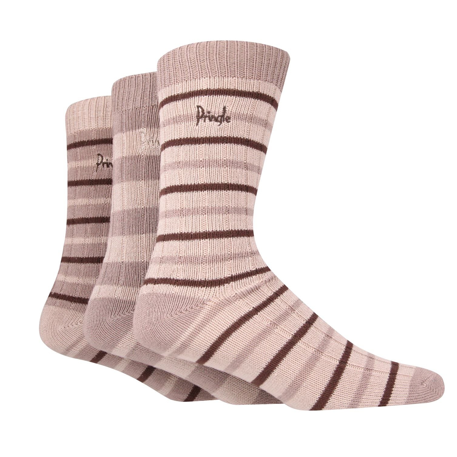 Pringle 3 Pair Men's Bamboo Rib Leisure Socks - Beige/Brown Stripes