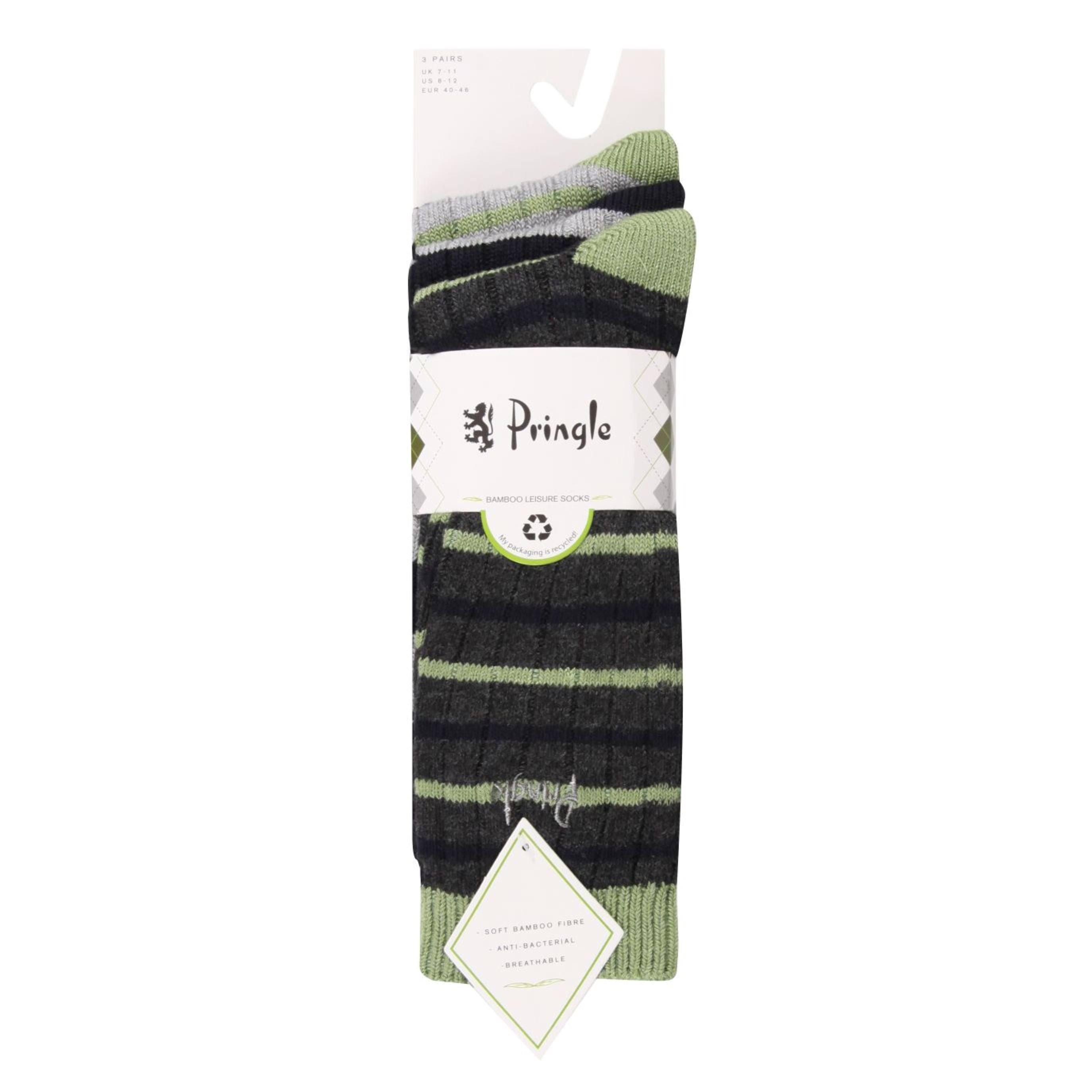 Pringle 3 Pair Men's Bamboo Rib Leisure Socks - Green/Charcoal/Grey Stripes