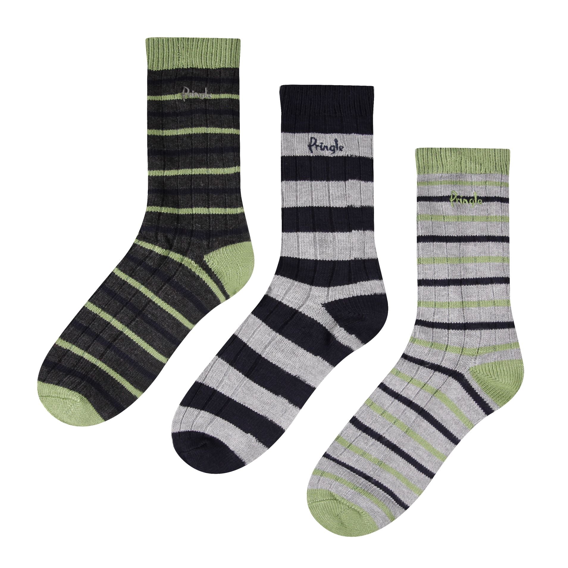 Pringle 3 Pair Men's Bamboo Rib Leisure Socks - Green/Charcoal/Grey Stripes