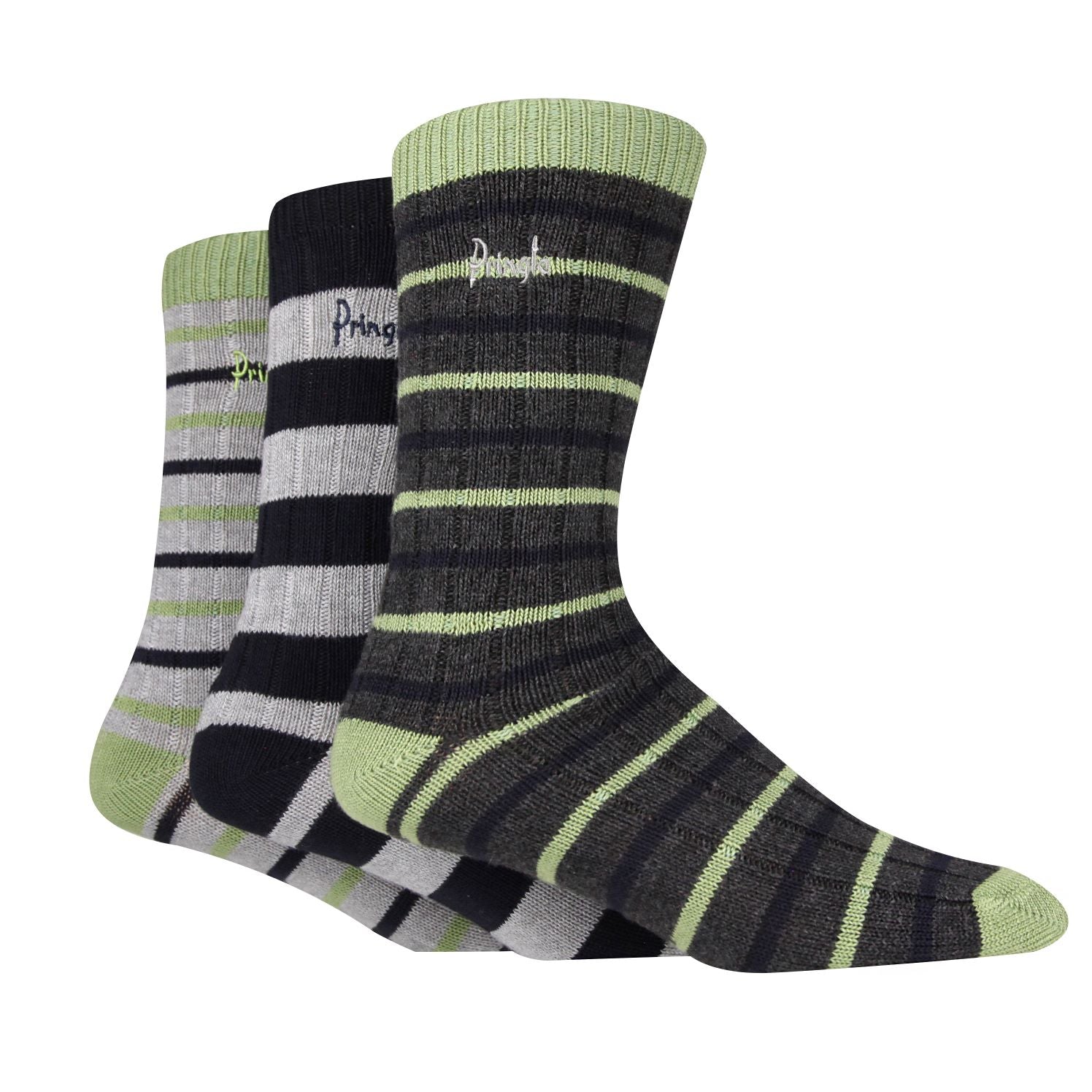 Pringle 3 Pair Men's Bamboo Rib Leisure Socks - Green/Charcoal/Grey Stripes