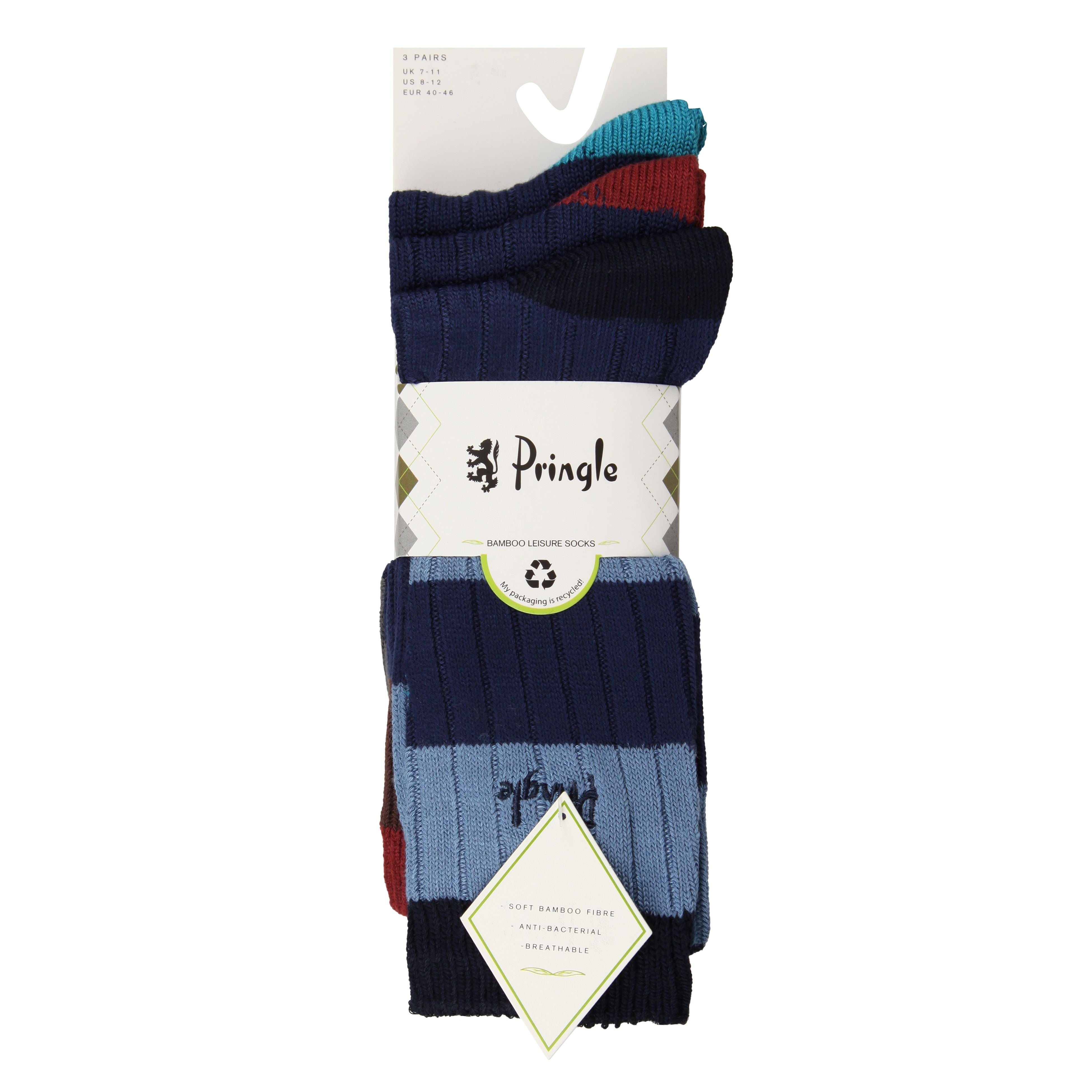 Pringle 3 Pair Men's Bamboo Rib Leisure Socks - Blue / Navy Stripes