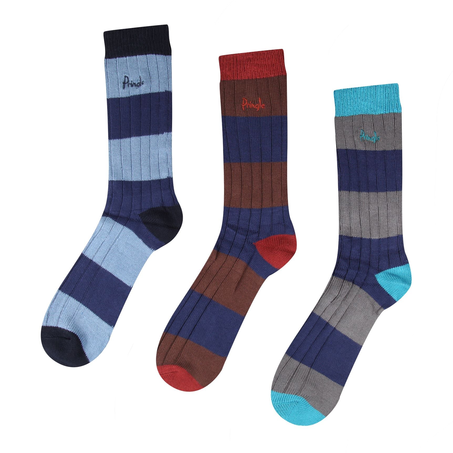 Pringle 3 Pair Men's Bamboo Rib Leisure Socks - Blue / Navy Stripes