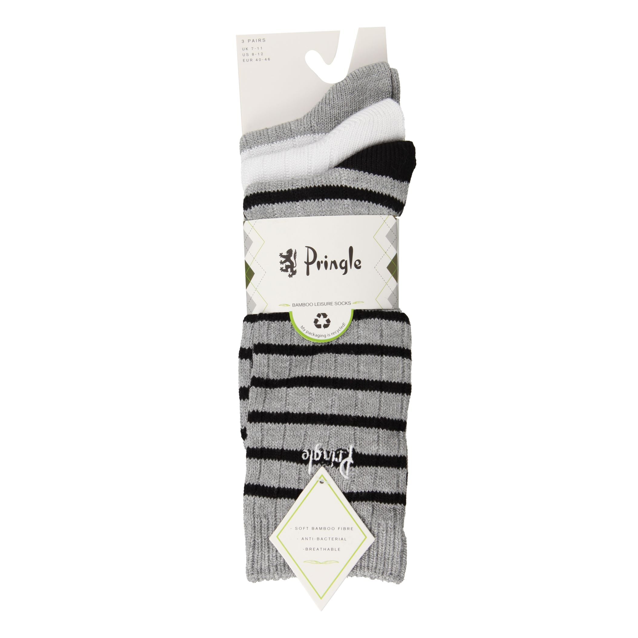 Pringle 3 Pair Men's Bamboo Rib Leisure Socks - Grey with Black/White Stripes