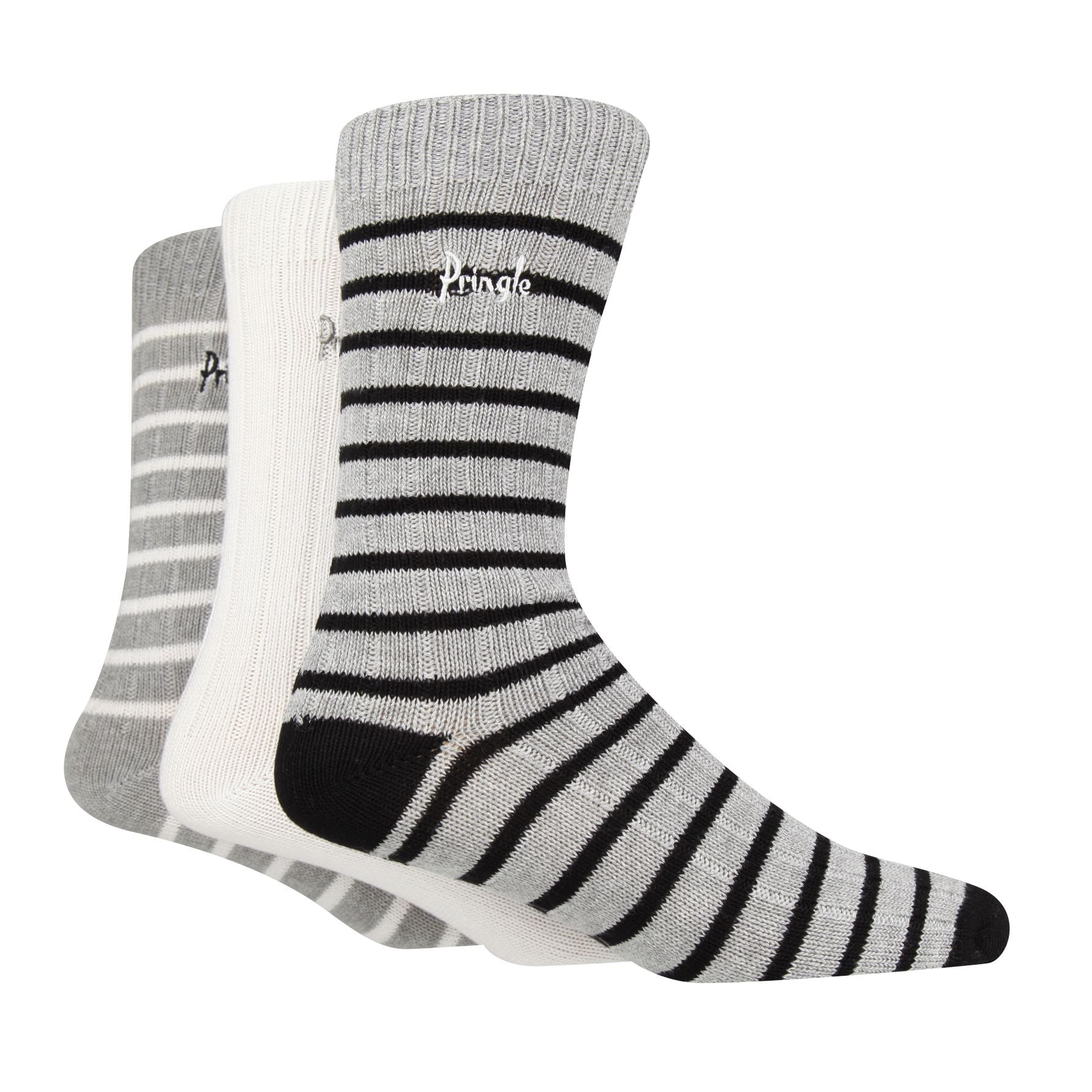 Pringle 3 Pair Men's Bamboo Rib Leisure Socks - Grey with Black/White Stripes