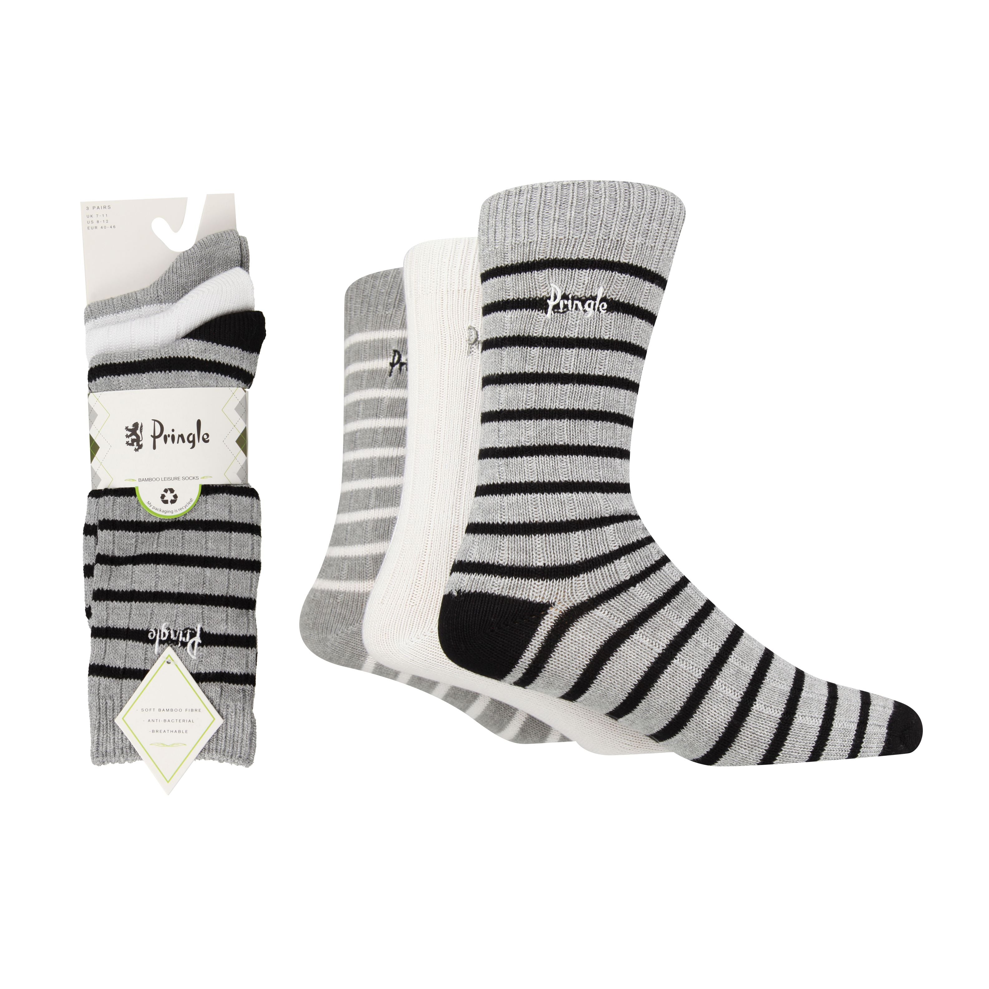 Pringle 3 Pair Men's Bamboo Rib Leisure Socks - Grey with Black/White Stripes