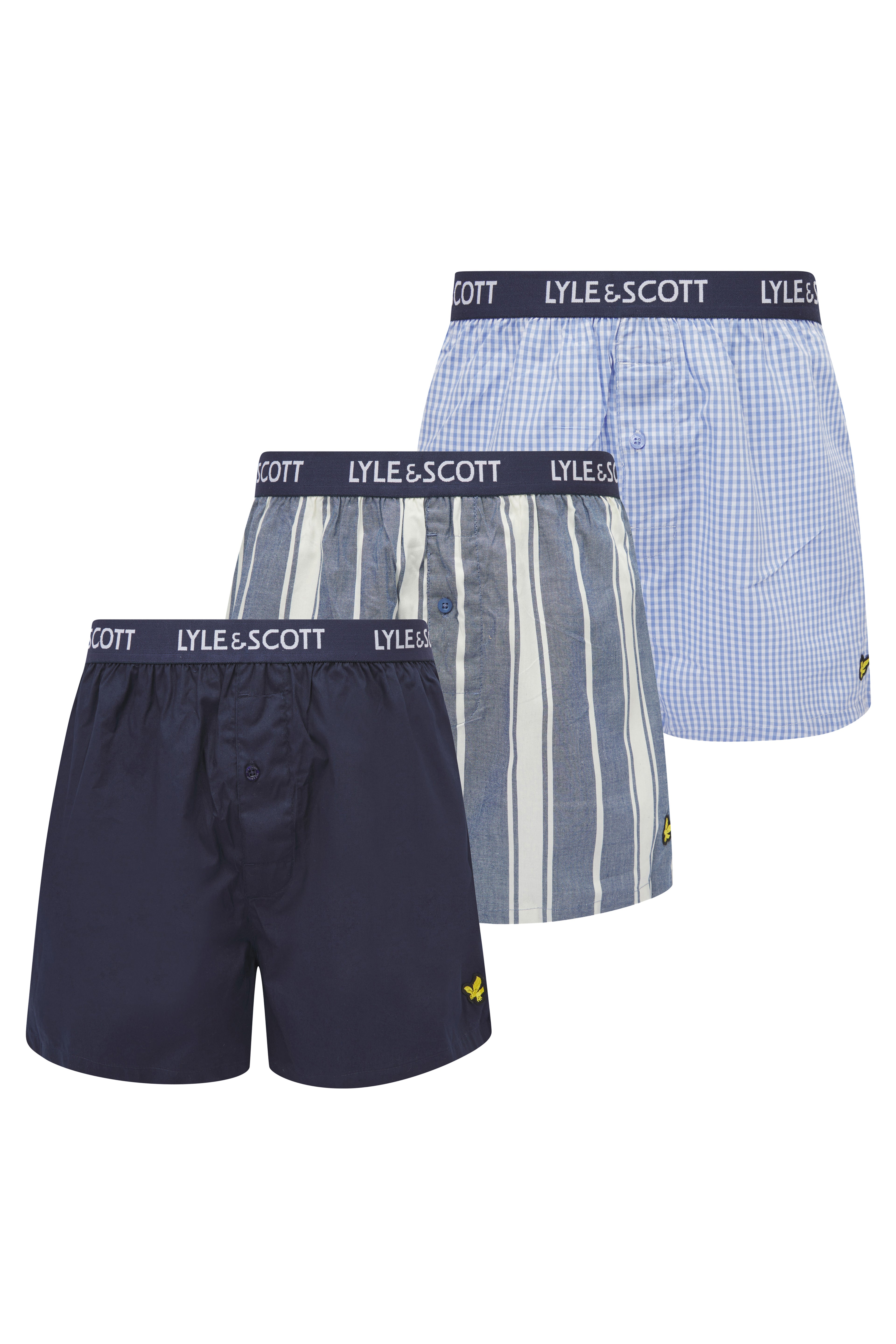 Lyle & Scott 3 Pack Men's Lenny Woven Boxers - White Stripe/Peacoat/Blue Gingham