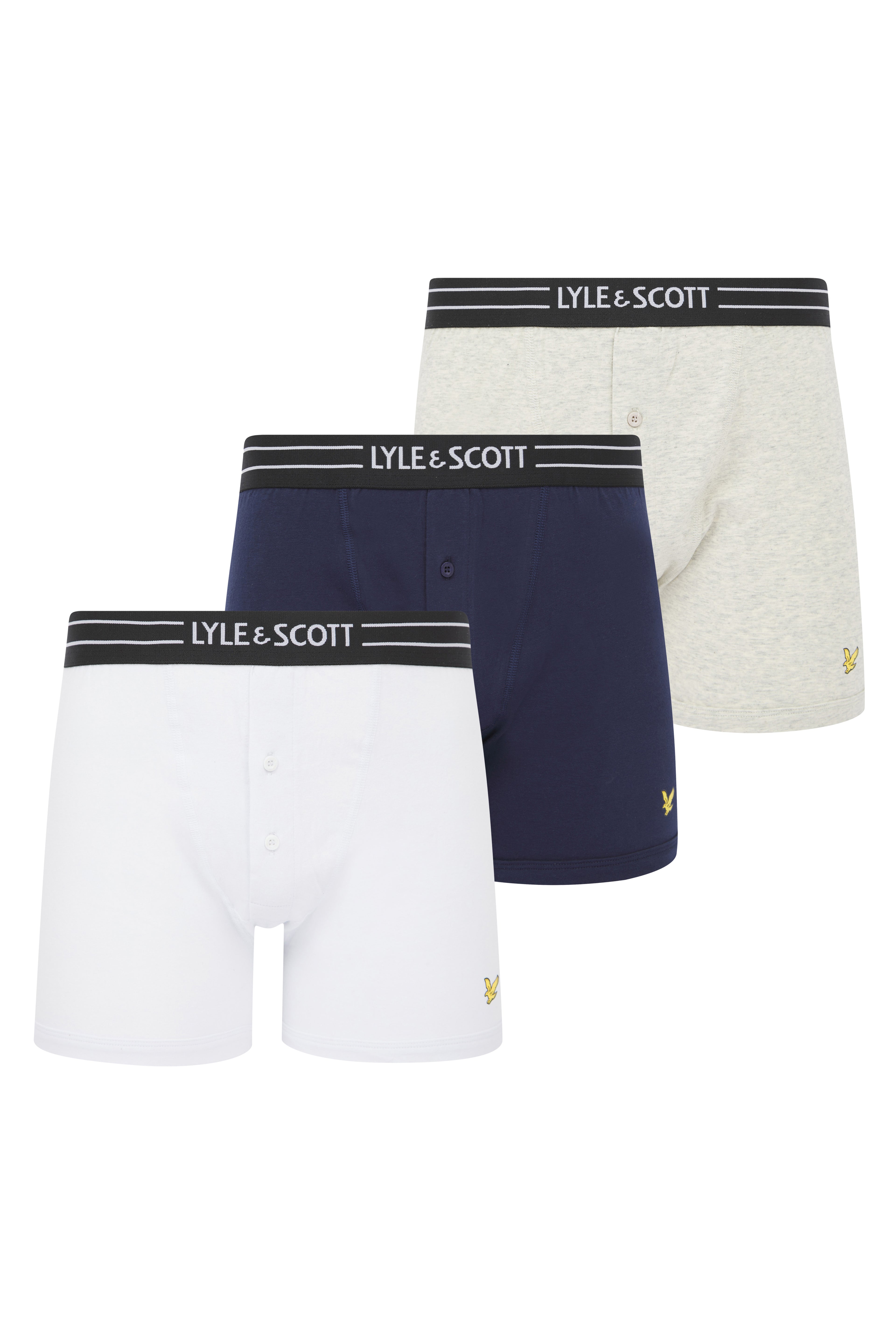 Lyle & Scott 3 Pack Lewis Men's Button Fly Boxer Trunks - White/Peacoat/Grey Marl