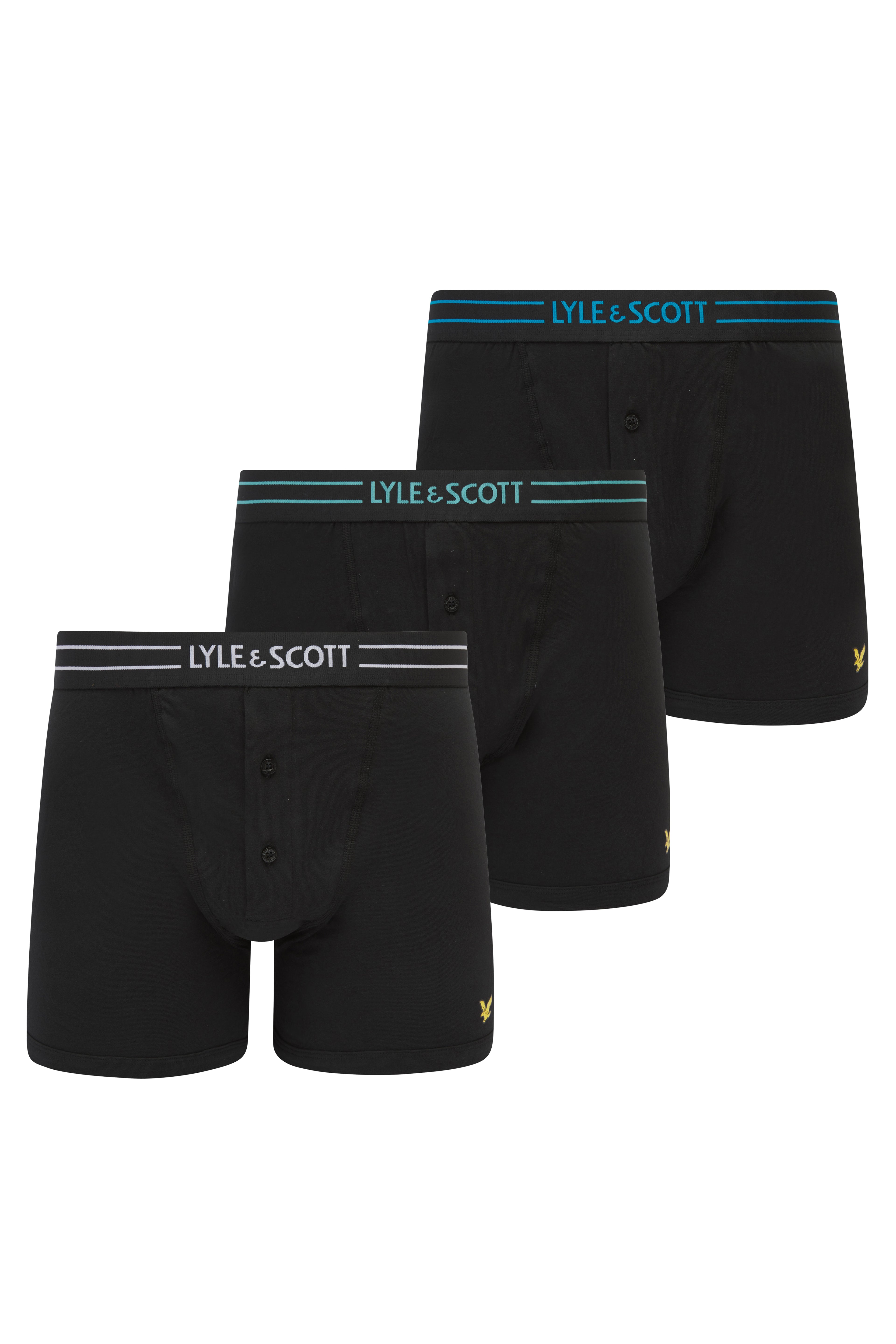 Lyle & Scott 3 Pack Lewis Men's Button Fly Boxer Trunks - Black Coloured Logo