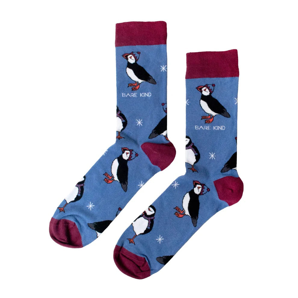 Bare Kind - Save the Puffins Bamboo Socks - Blue with Burgandy