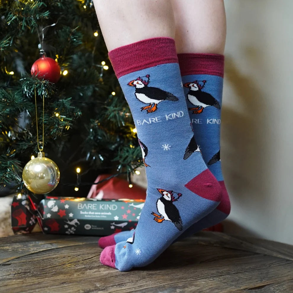 Bare Kind - Save the Puffins Bamboo Socks - Blue with Burgandy