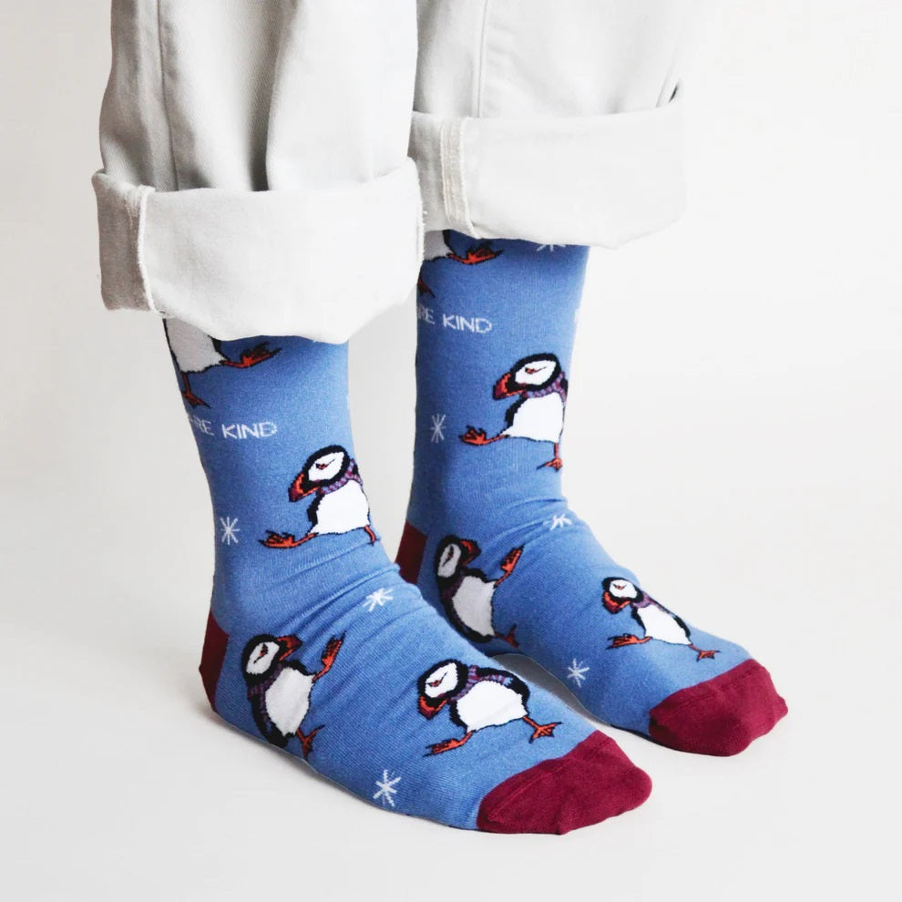 Bare Kind - Save the Puffins Bamboo Socks - Blue with Burgandy