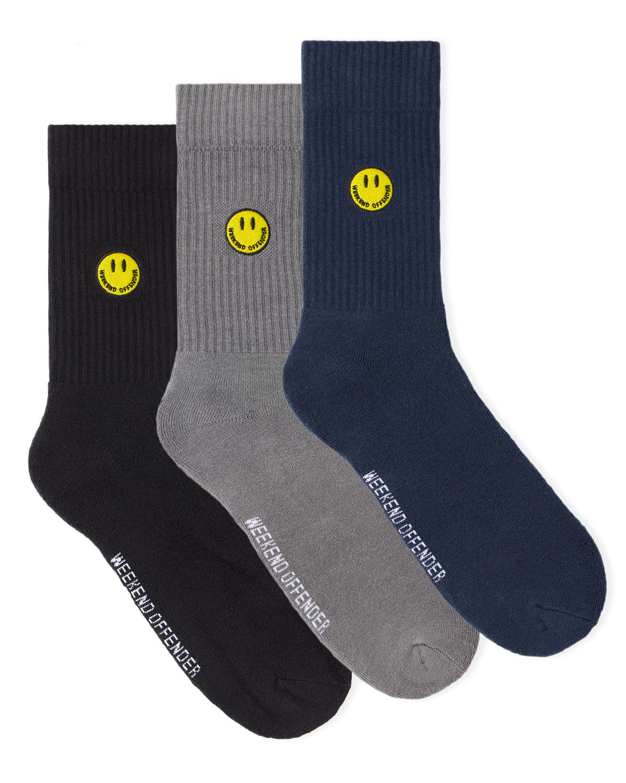 Weekend Offender Smiley Sports Socks Black/Grey/Blue (3 PAIR PACK)