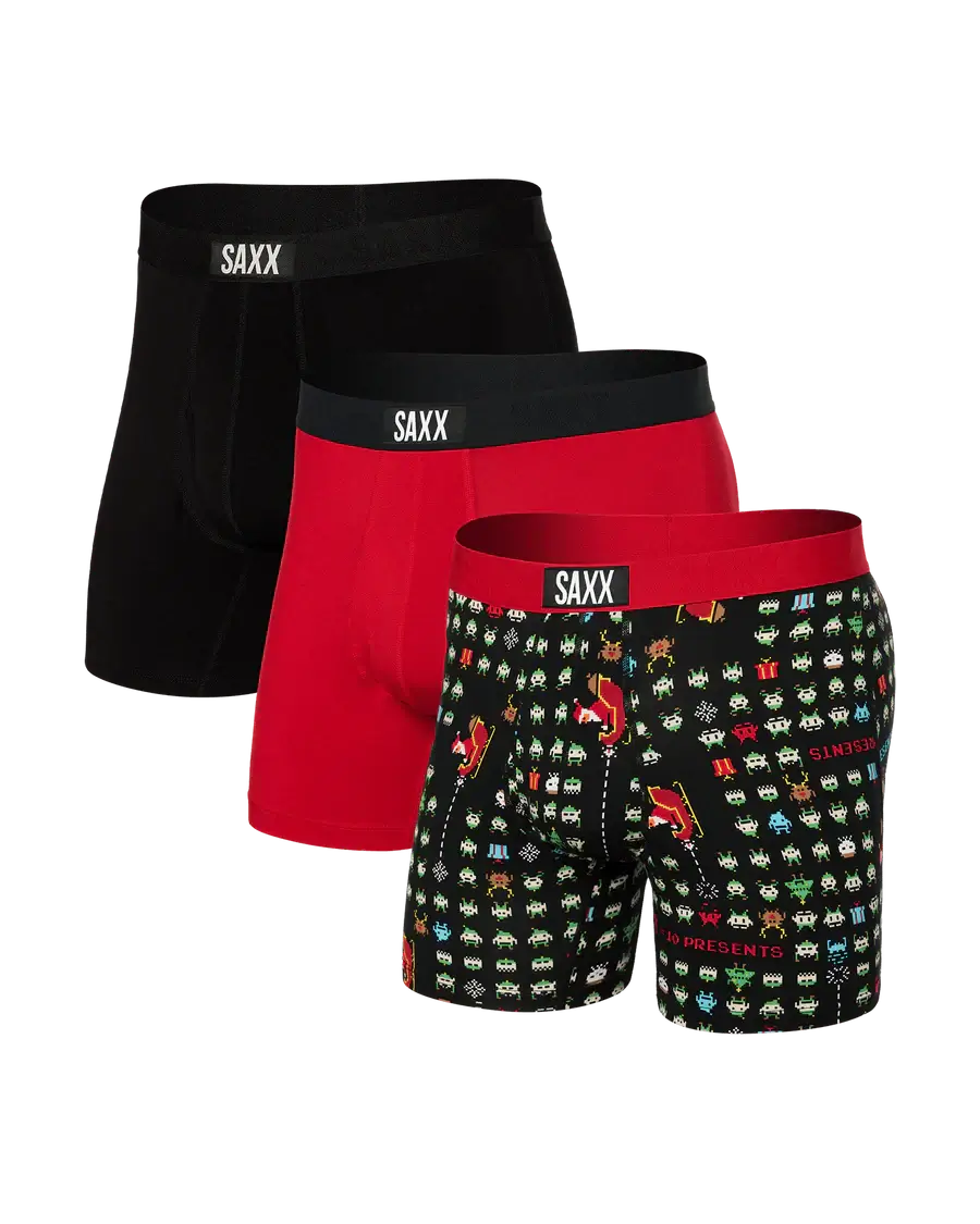 Saxx Ultra Super Soft 3 Pack Boxer Briefs - Sleigh Invaders / Cherry / Black