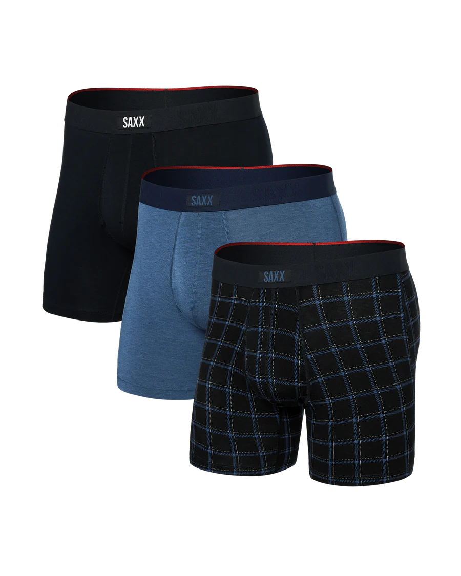 Saxx Underwear Vibe Xtra (3 Pack) Soft Comfort Boxer Brief 6" - Windowpane/Dark Denim/Black