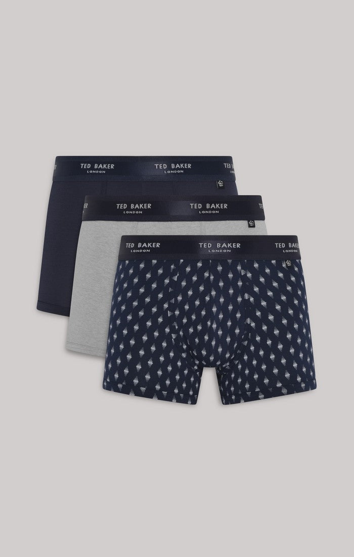 Ted Baker 3 Pack Trunks - Navy/Heather Grey/Faded Geo Navy