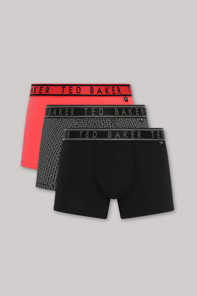 Ted Baker 3 Pack Cotton Stretch Fashion Trunks - Red / Black / Design