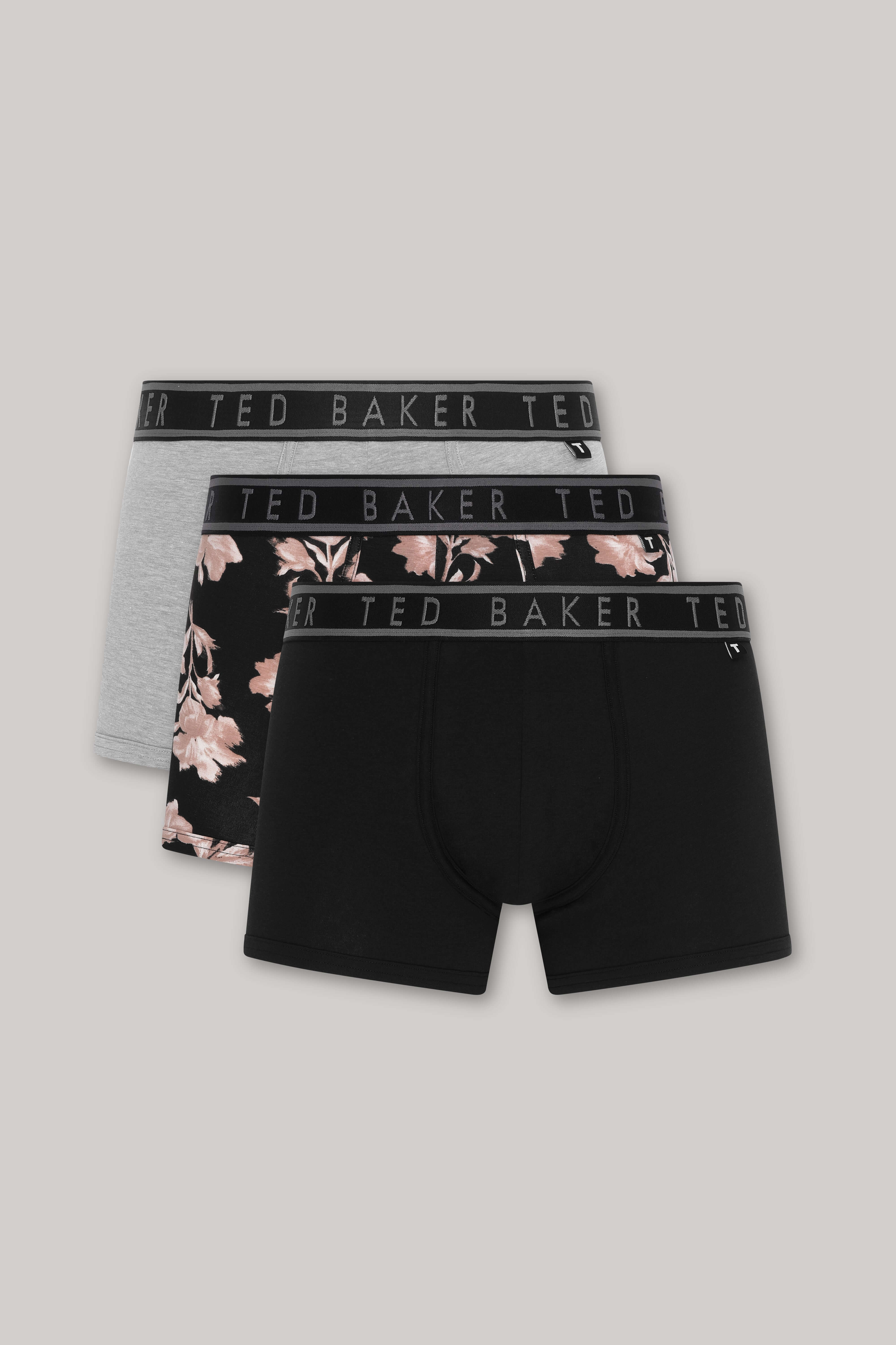 Ted Baker 3 Pack Cotton Stretch Fashion Trunks - Black / Grey / Print Flower