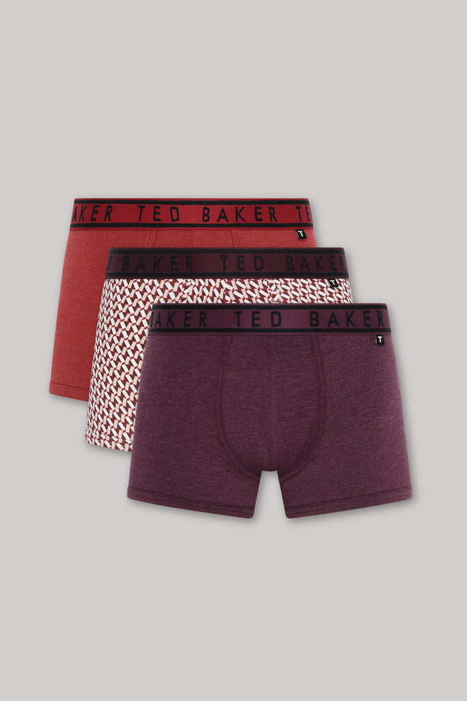 Ted Baker 3 Pack Cotton Stretch Fashion Trunks - Red / Plum Print