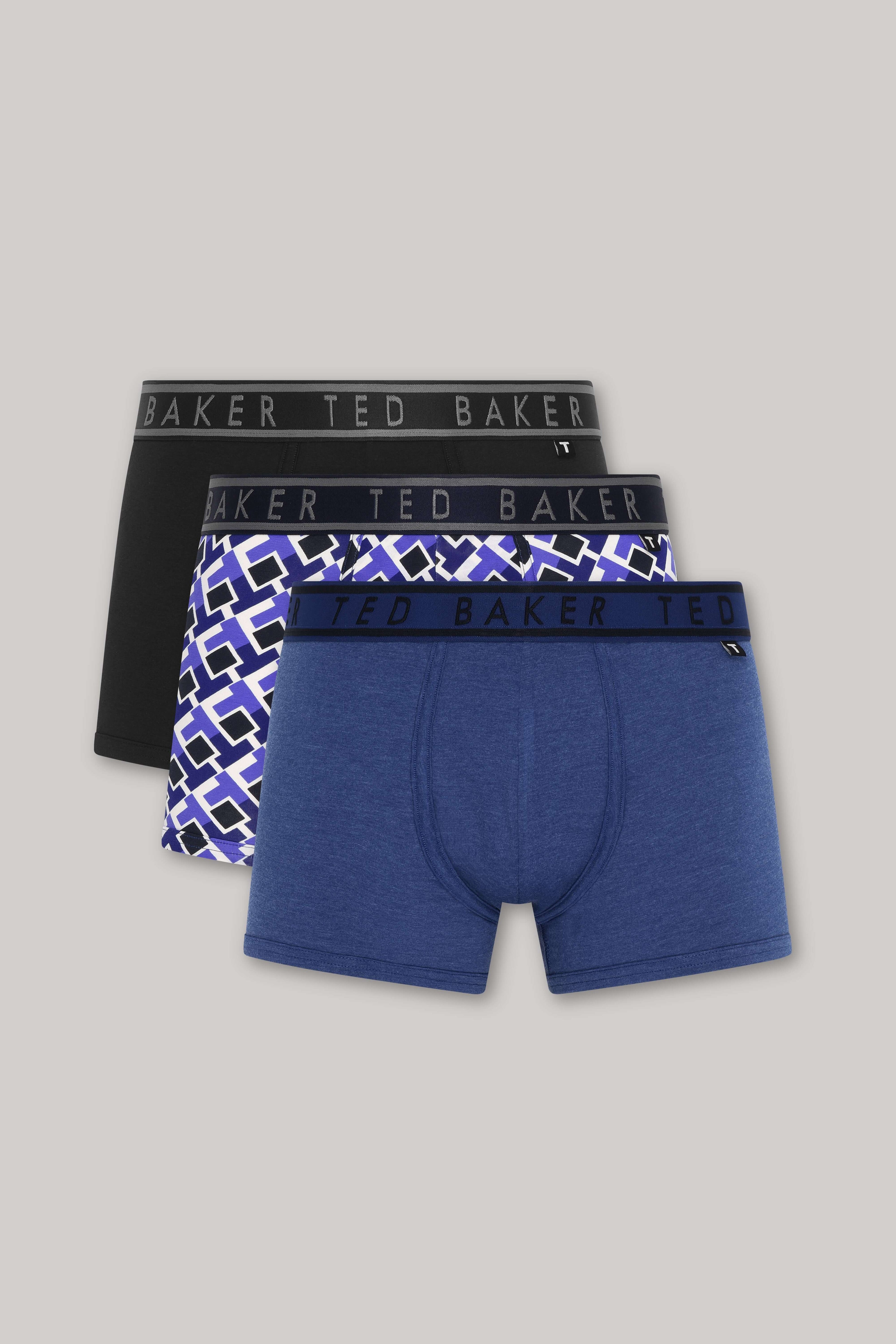 Ted Baker 3 Pack Cotton Stretch Fashion Trunks - Black / Blue / Purple Pattern