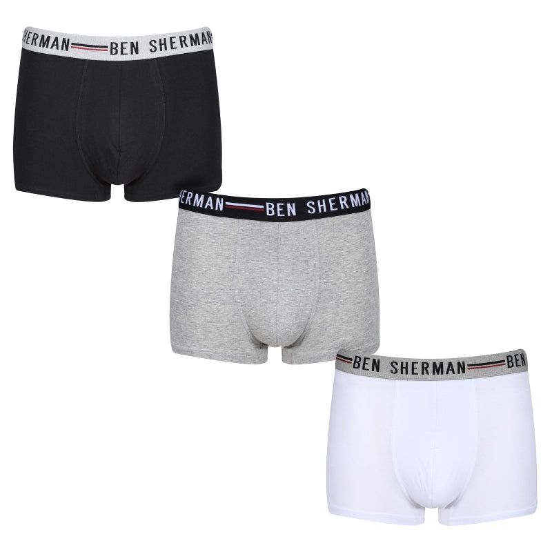 Ben Sherman Mens Roman 3 Pack Trunks - Black/White/Grey