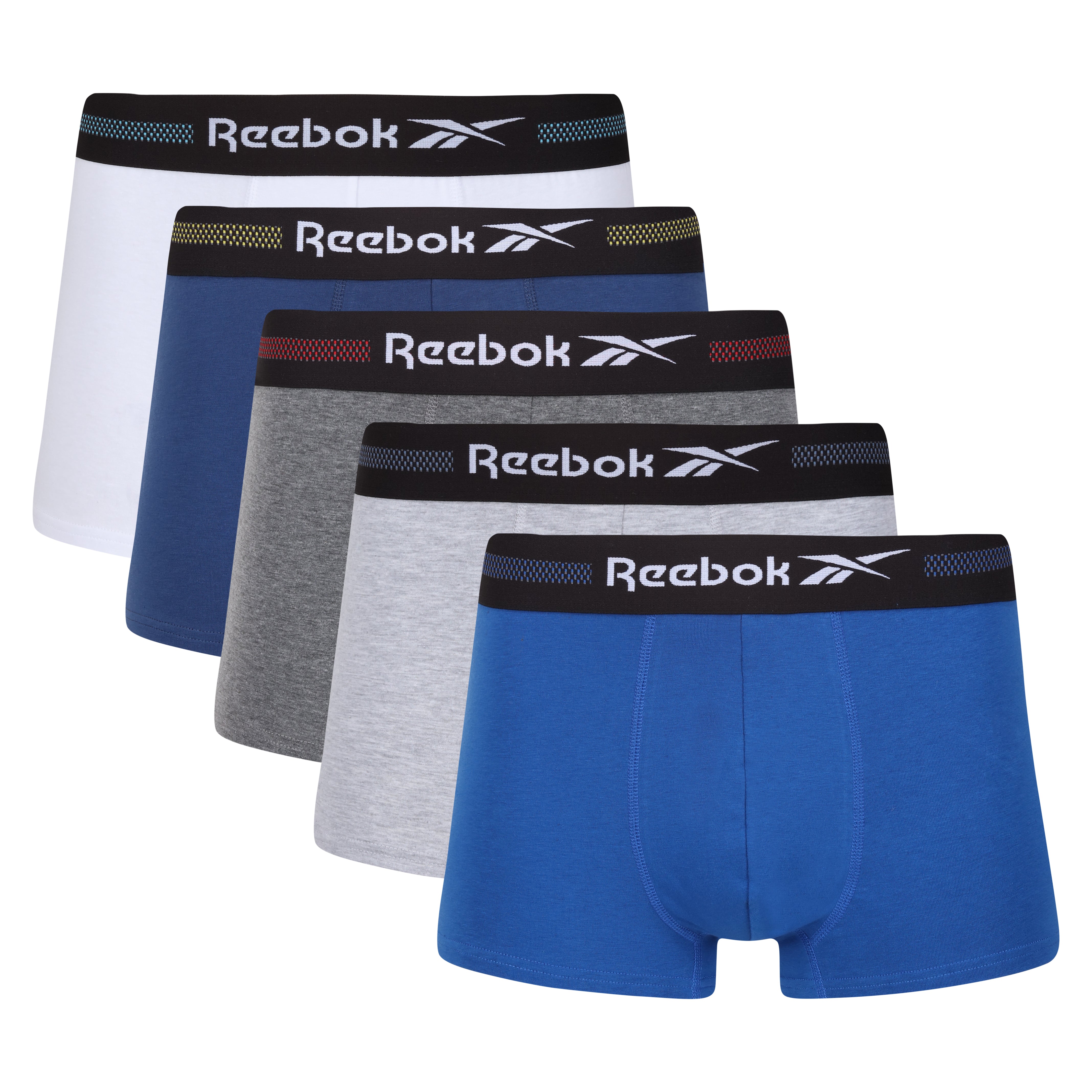 Reebok Mens 5 Pack Ennio Sports Trunks - Blue/Charcoal/Navy/White/Grey