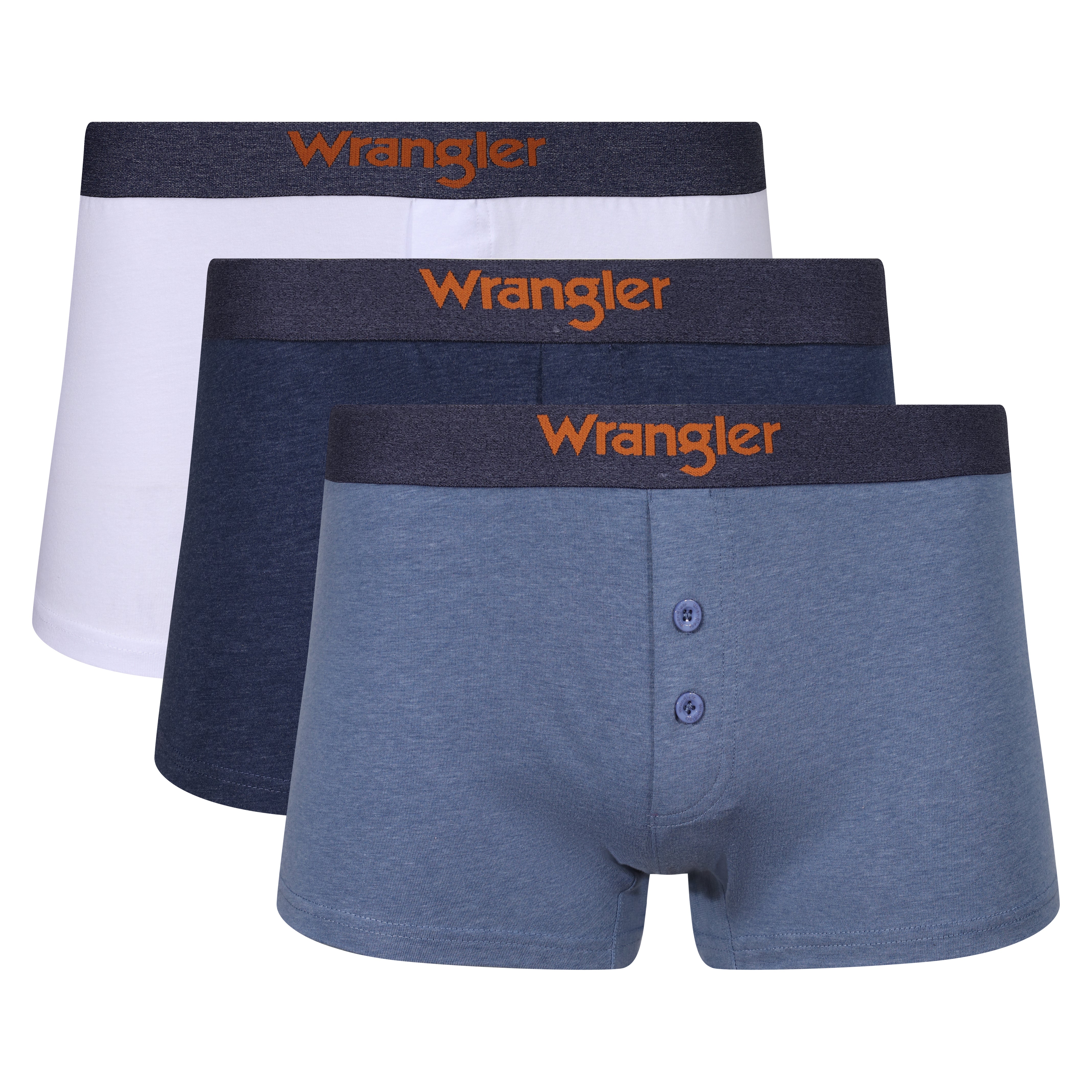 Wrangler Cotton Blend 3 Pack Button Fly Trunks - White/Dark Denim/Mid Denim