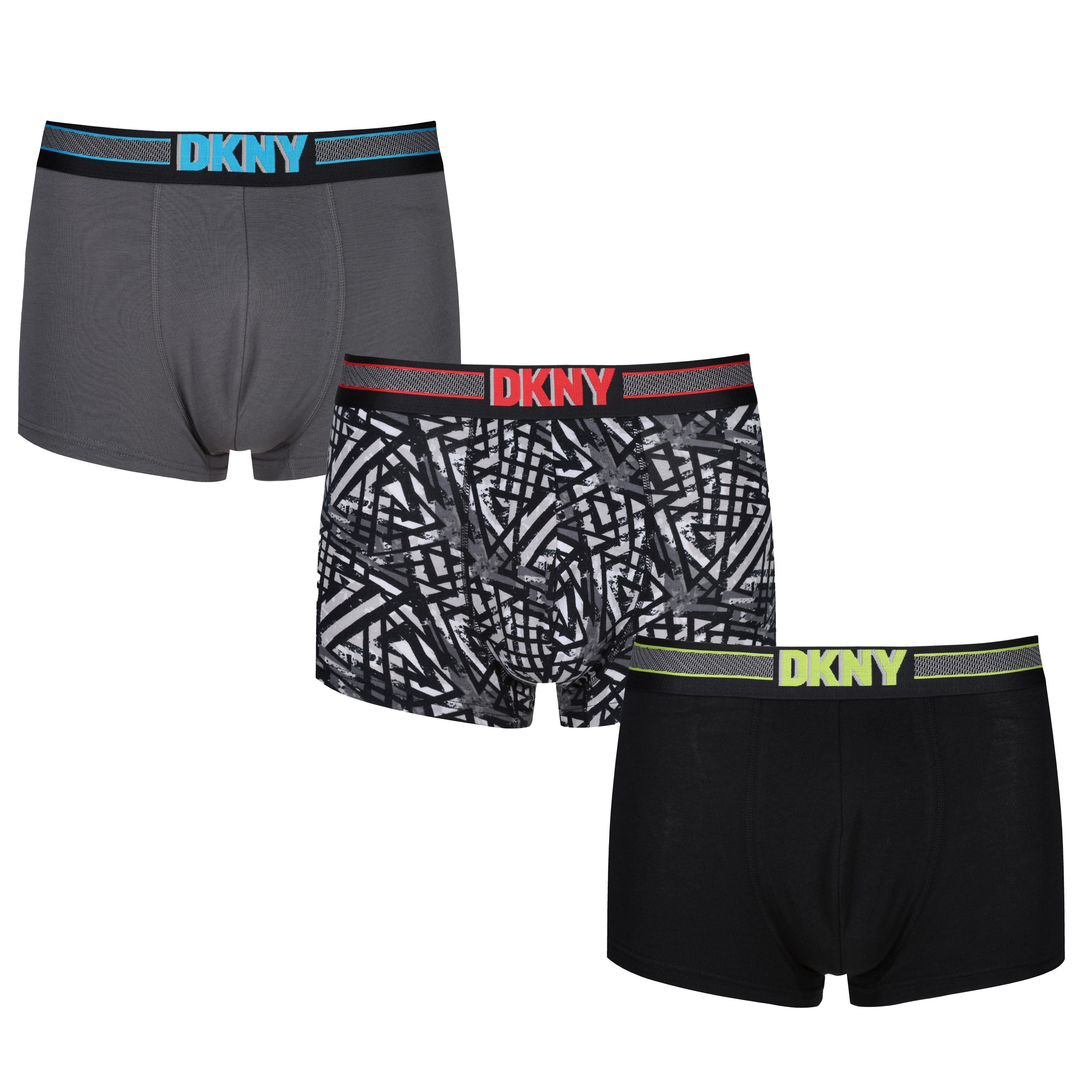 DKNY Mens Monmouth Cotton Stretch 3 pack Trunks - Black/Print/Lead Gre –  Trunks and Boxers