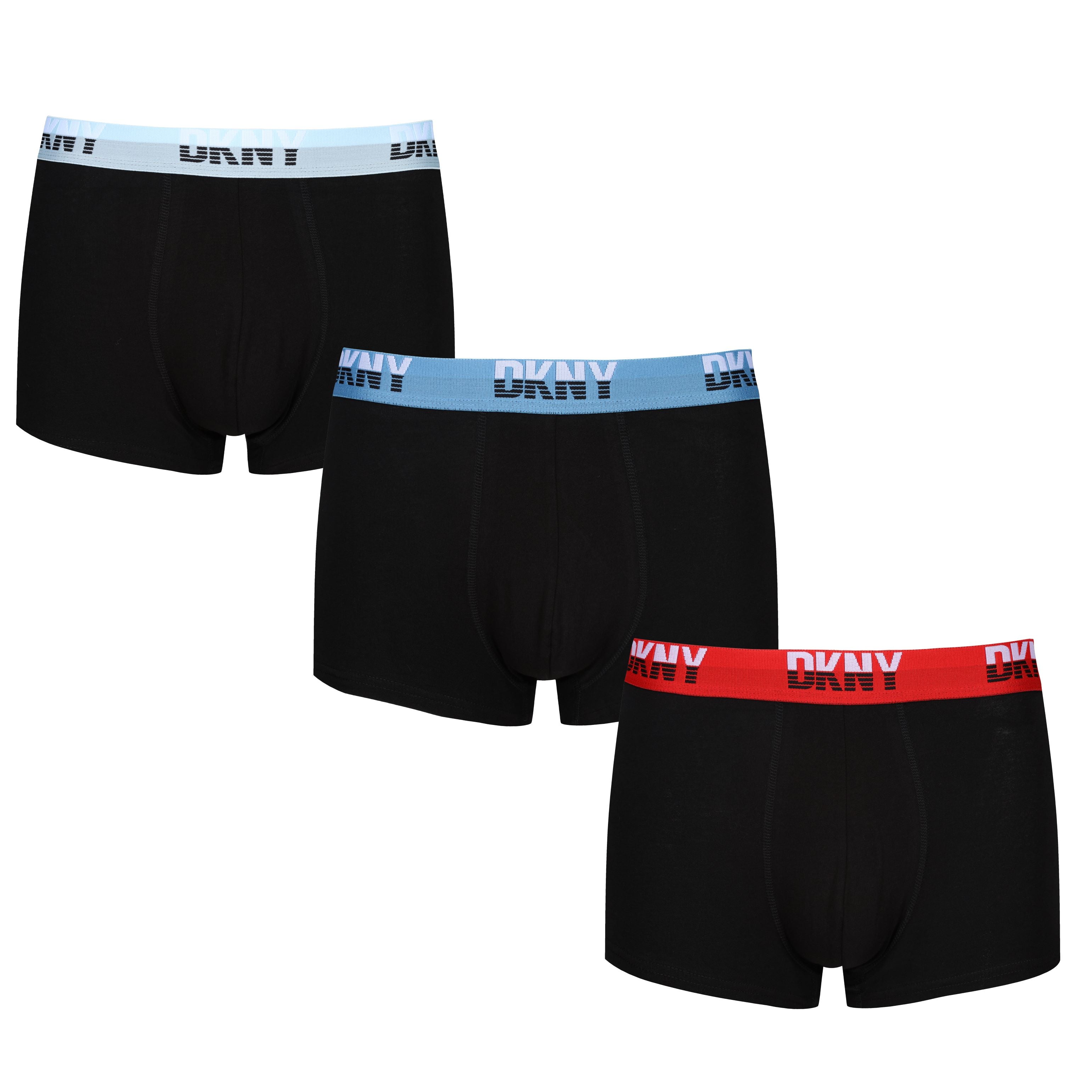 DKNY Mens Oakpark 3 pack Trunks - Black (Blue/Pink/Mint Waistbands)