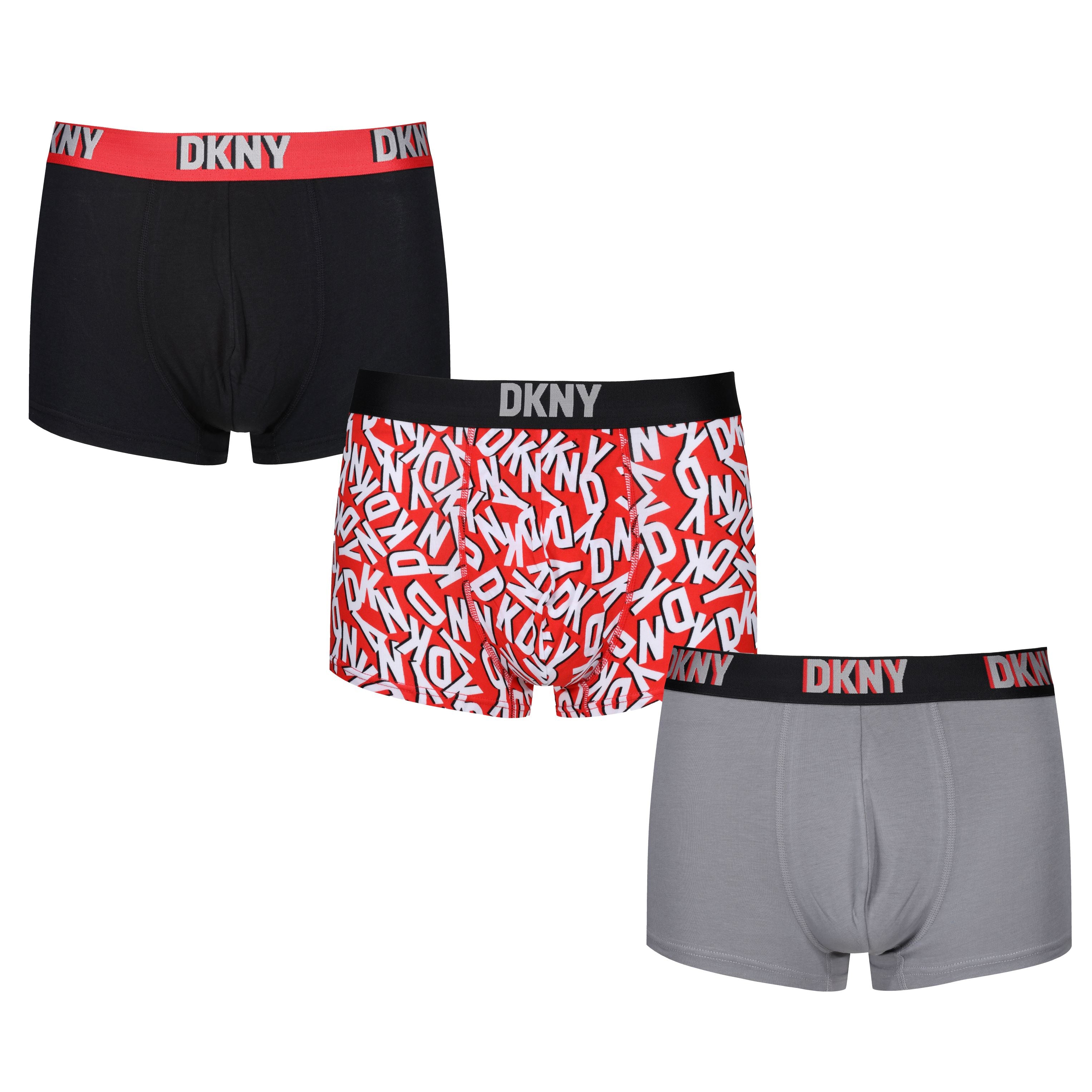 DKNY Mens Evansville 3 pack Cotton Stretch Trunks - Black/Print/Sharskin