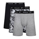 Reebok Mens Carter Performance 3 Pack Long Sport Trunks - Black Print/Grey