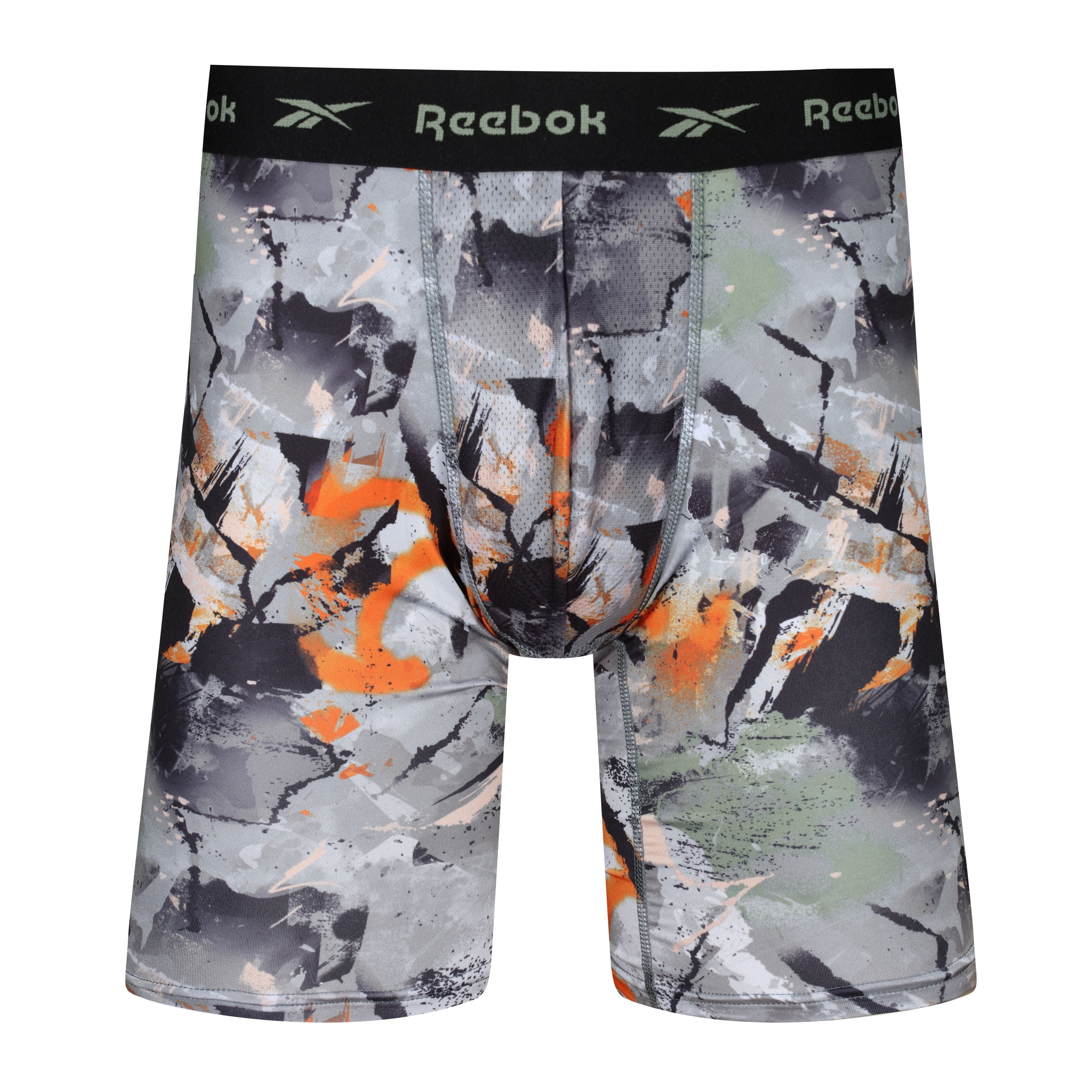 Reebok Mens Carter Performance 3 Pack Long Sport Trunks - Black /Grey Print/Green