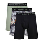 Reebok Mens Carter Performance 3 Pack Long Sport Trunks - Black /Grey Print/Green