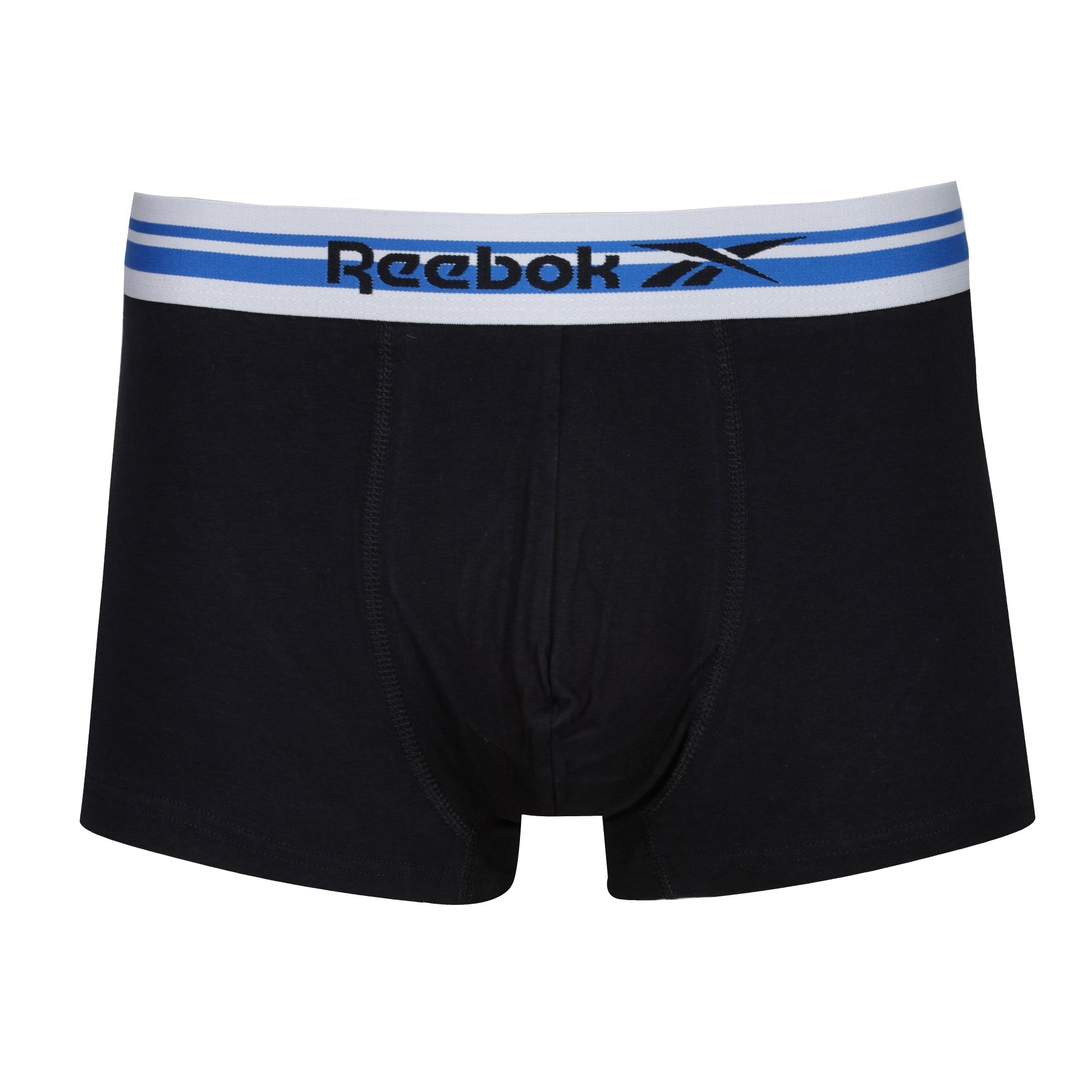 Reebok Mens Cotton Stretch 3 Pack Robin Black Trunks - Blue/Aqua/Red WaistBand