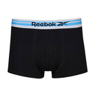 Reebok Mens Cotton Stretch 3 Pack Robin Black Trunks - Blue/Aqua/Red WaistBand