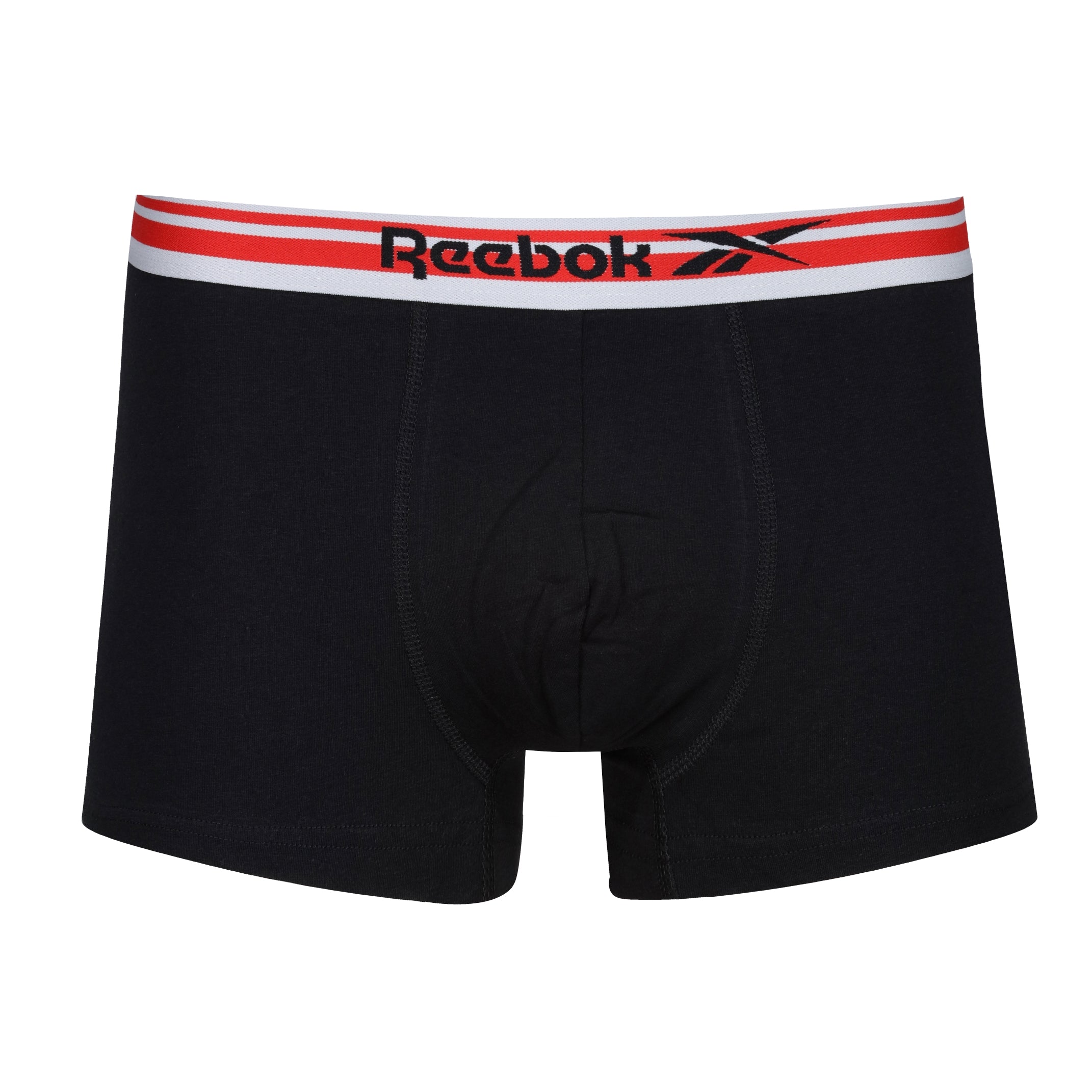 Reebok Mens Cotton Stretch 3 Pack Robin Black Trunks - Blue/Aqua/Red WaistBand