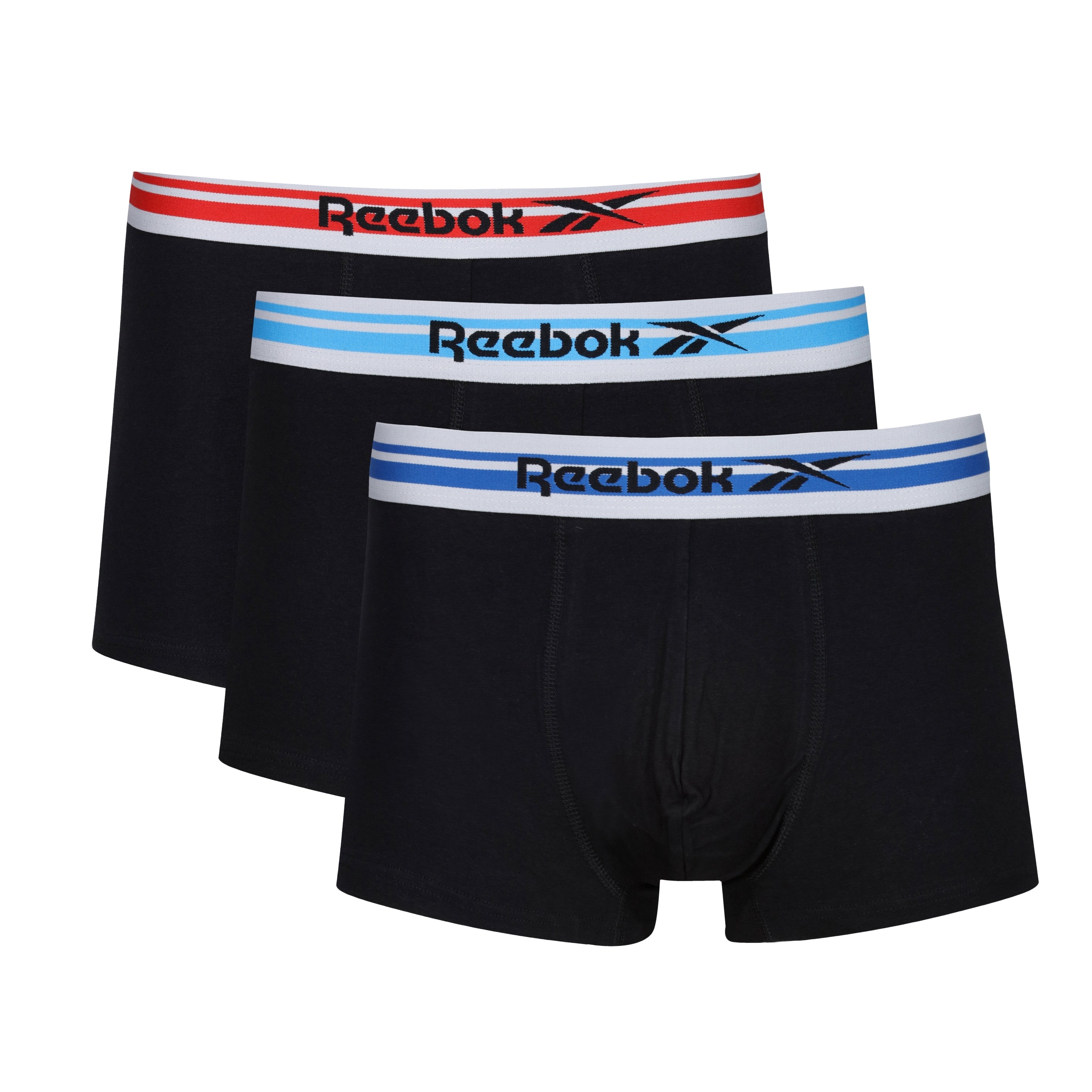 Reebok Mens Cotton Stretch 3 Pack Robin Black Trunks - Blue/Aqua/Red WaistBand